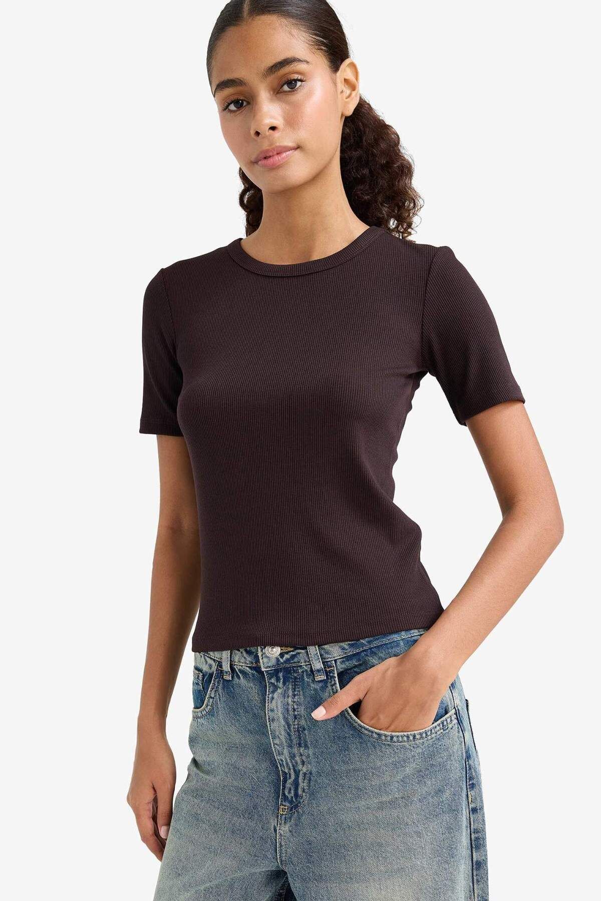 DeFacto-Slim Fit Tight Fit Crew Neck Basic Plain Ribbed Camisole Short Sleeve T-Shirt C0097Ax25Au 3