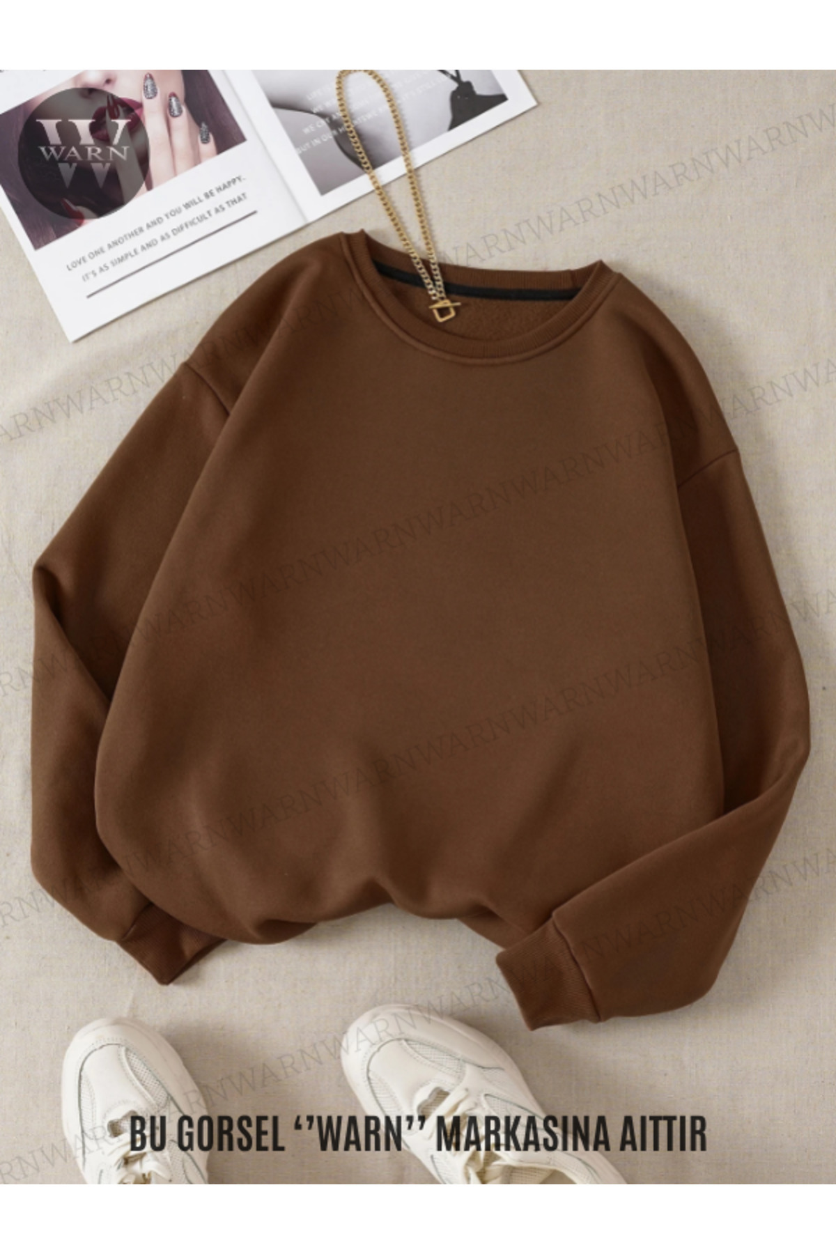 warn Unisex Bisiklet Yaka Sweatshirt 3 İplik Renkli Kışlık Pamuklu — قهوه‌ای warnsıfıryaka