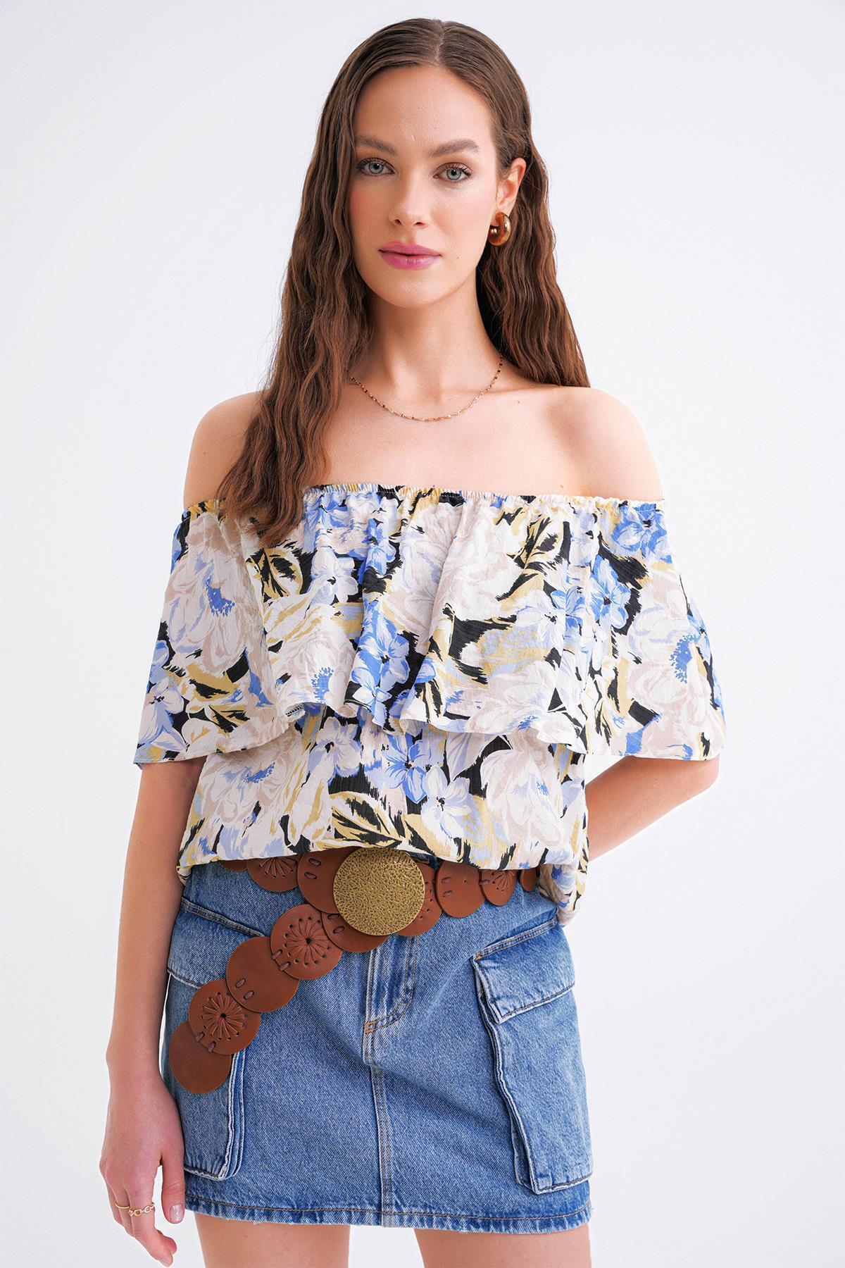 Mixray-4648 Bluză de damă, fără umăr, cu volan, cu imprimeu floral, albastru 3