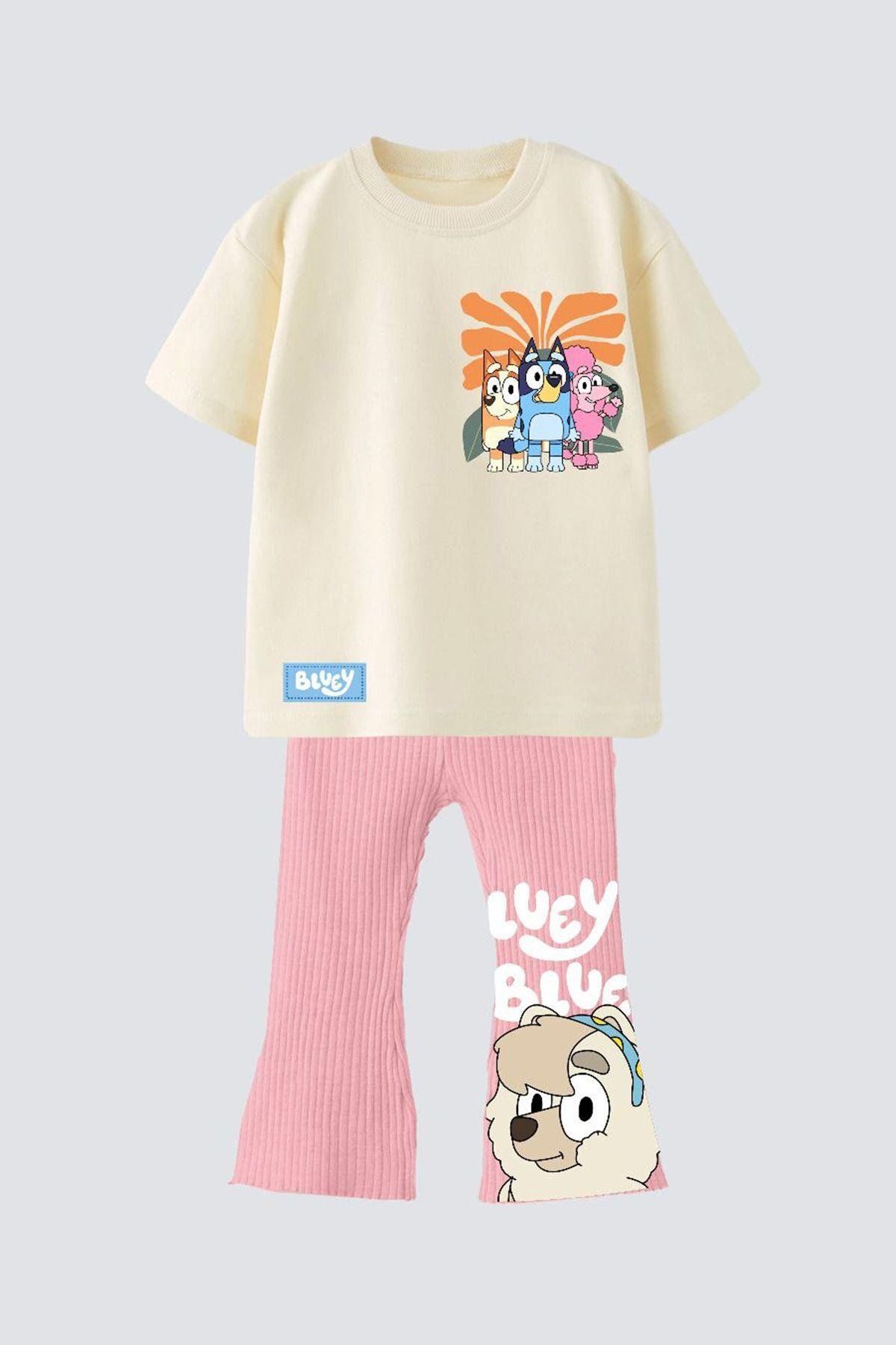 Monila-Girl's Bluey Printed Cotton Tshirt and Spanish Leggings Bottom Top Set 1