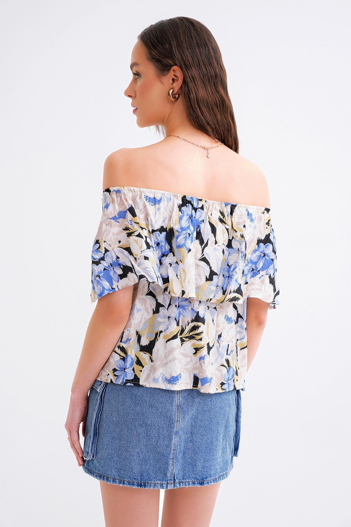 Mixray-4648 Bluză de damă, fără umăr, cu volan, cu imprimeu floral, albastru 6