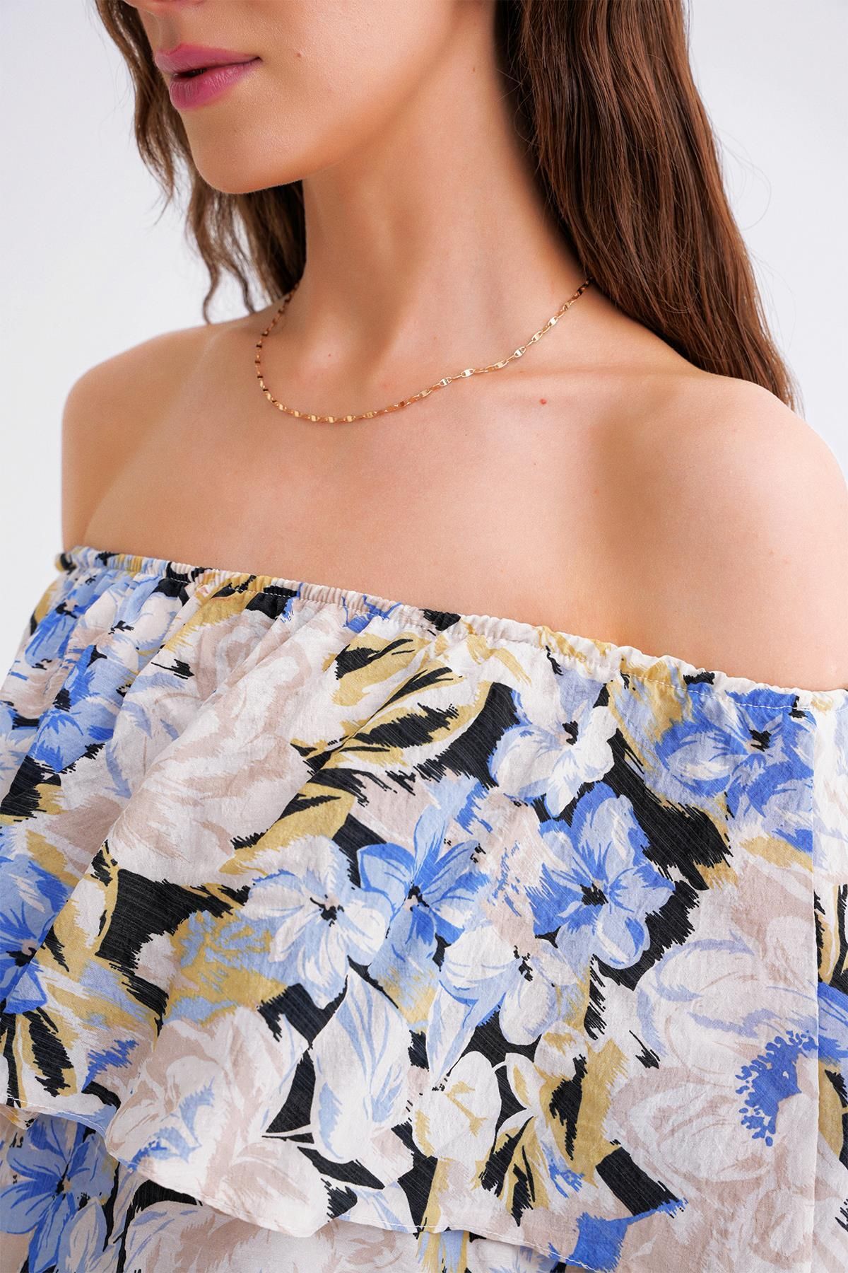 Mixray-4648 Bluză de damă, fără umăr, cu volan, cu imprimeu floral, albastru 4