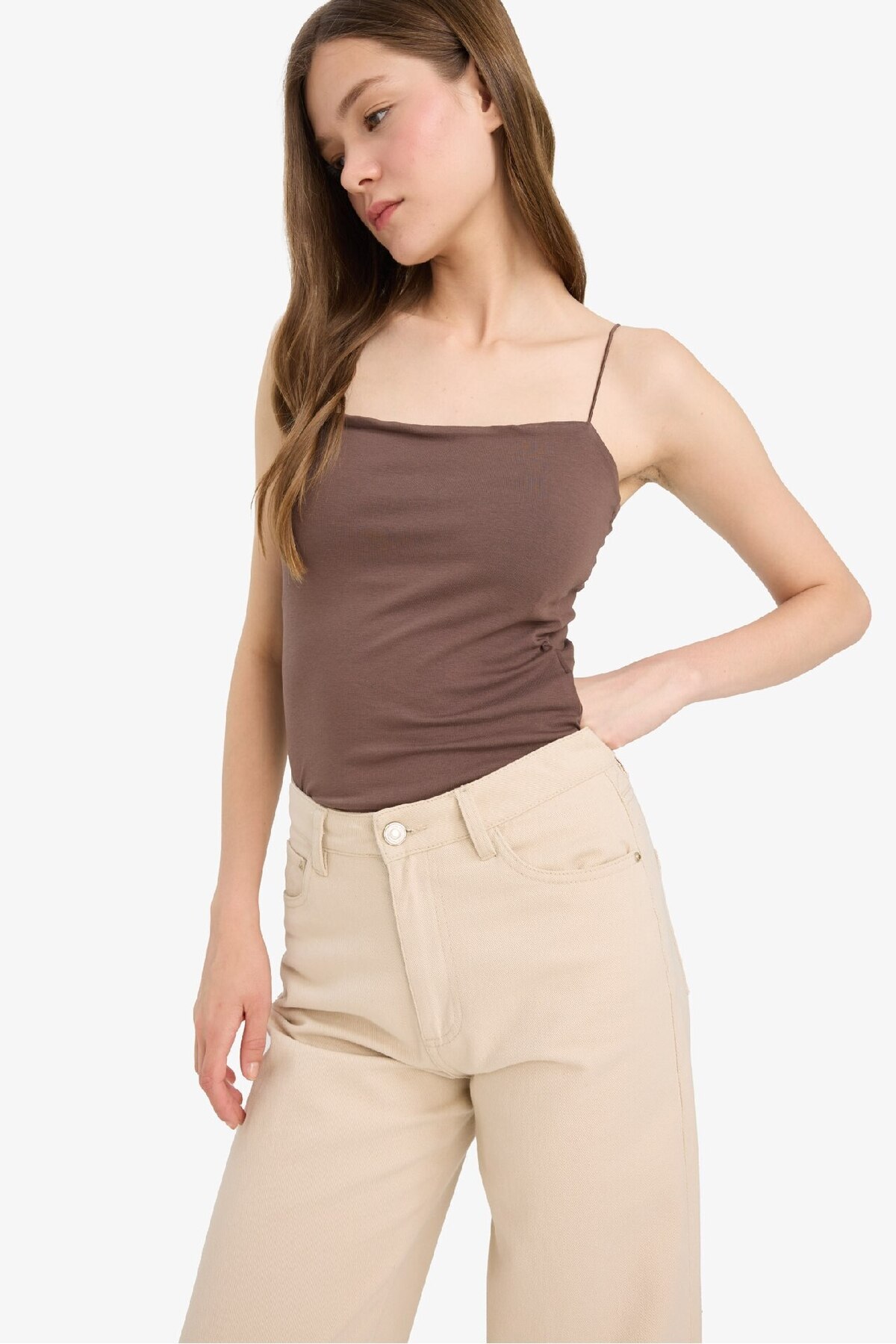 DeFacto-Fitted Square Neck Basic Plain Strap Undershirt F5196Ax25Sm 3