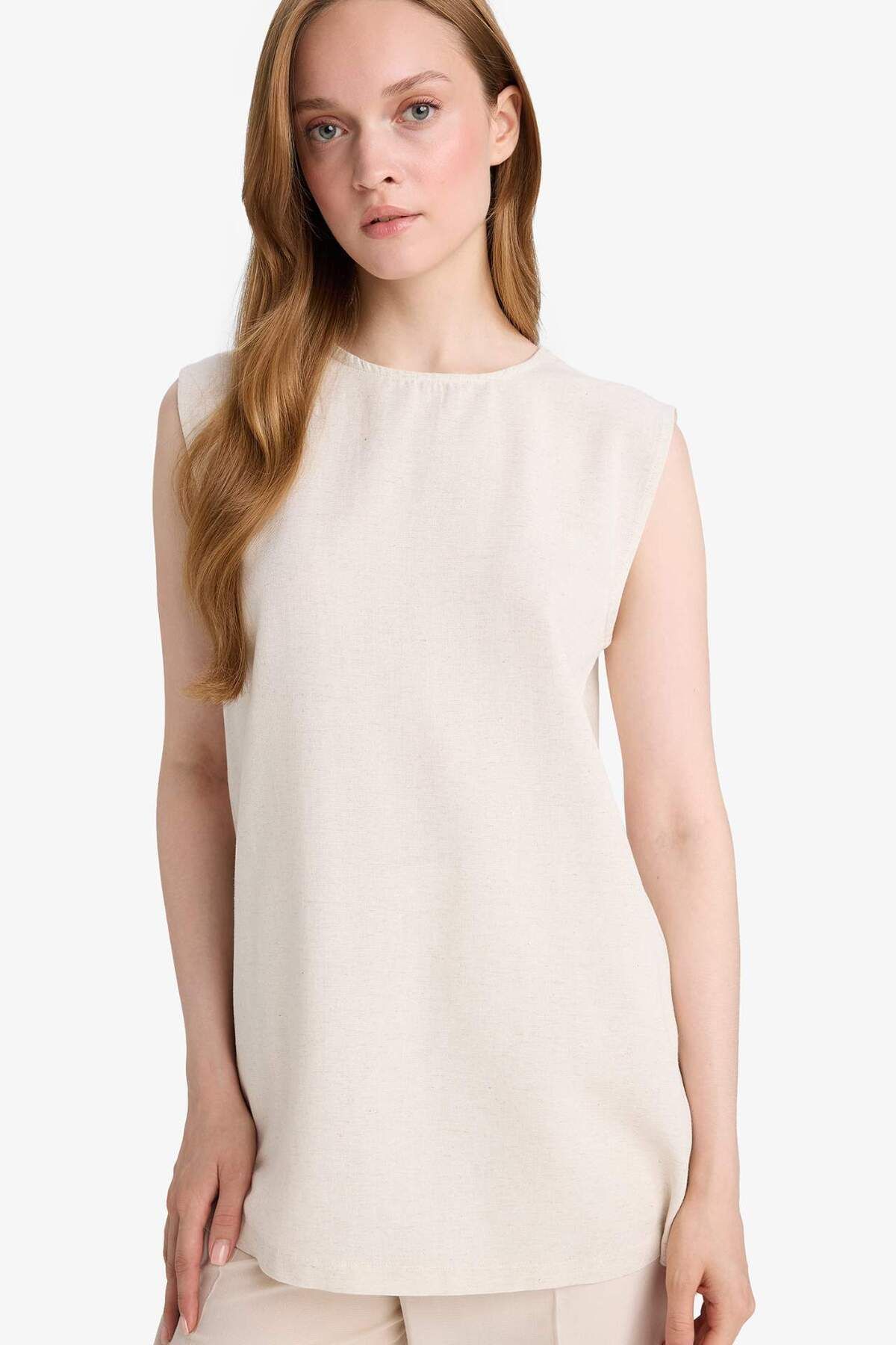 DeFacto-Regular Fit Crew Neck Basic Plain Leinen gemischt ärmellose Tunika D2953AX25SM 3