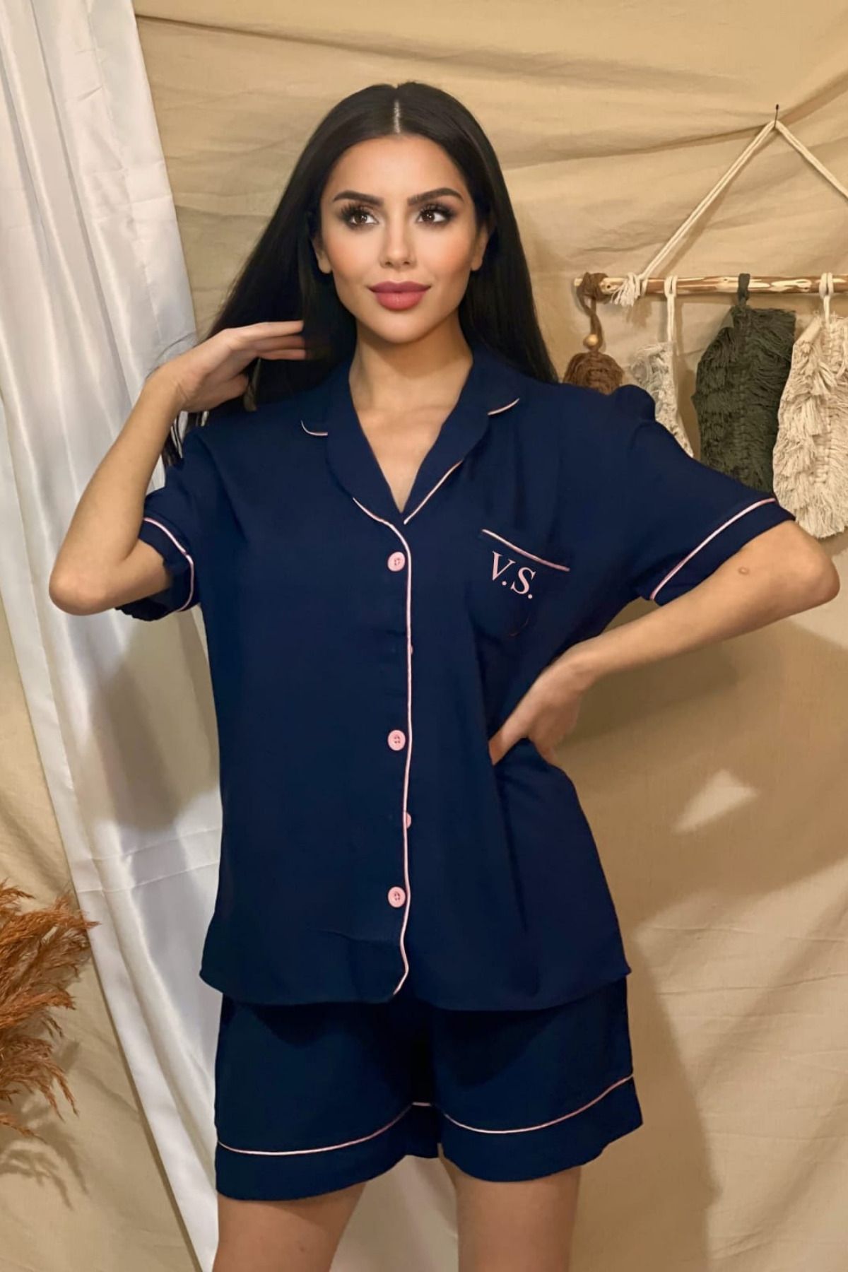 FENZO Set De Pantaloni Scurți Pentru Femei, Cu Buzunare, Cu Dungi, Din Bumbac, Din Viscoză, Cu Mâneci Scurte Femeie - L