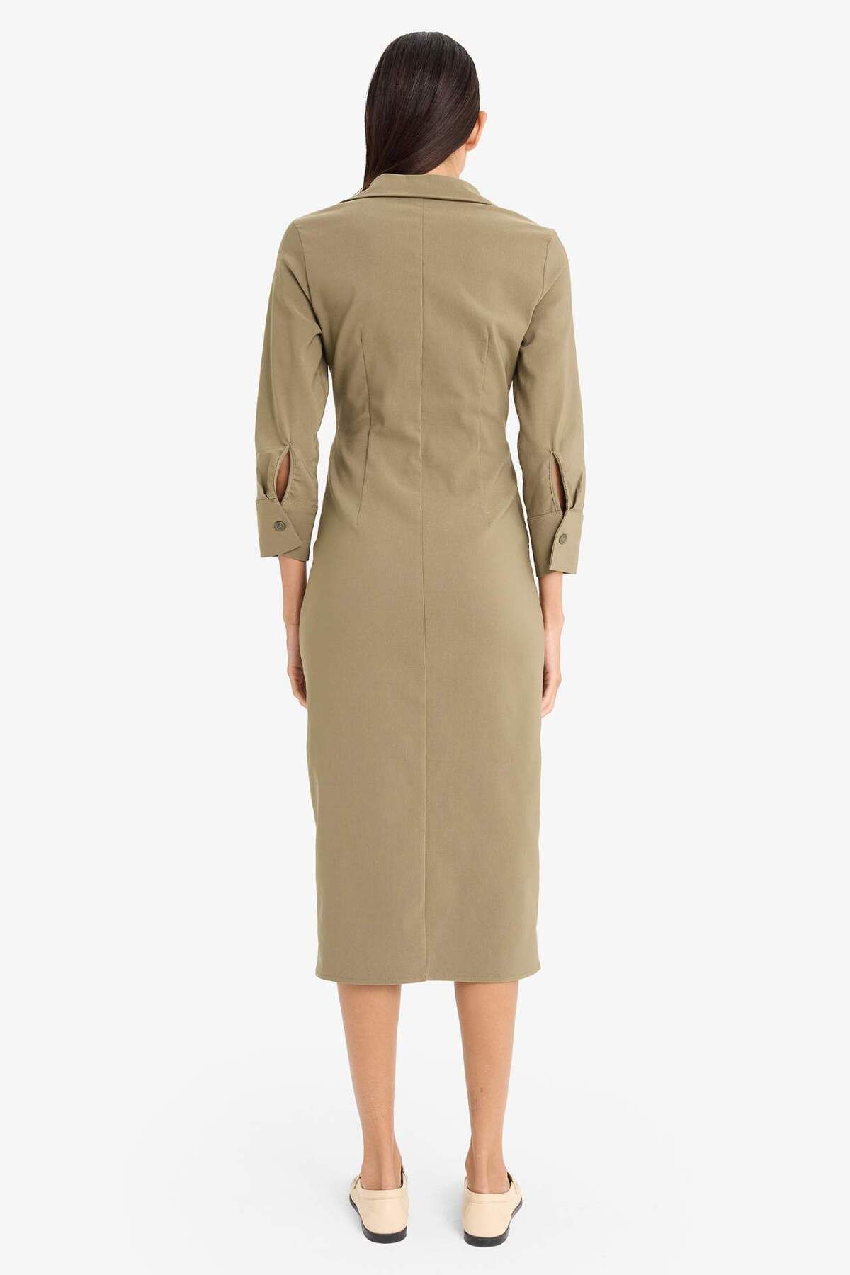 DeFacto-Hemdkragen Basic Plain Buttoned Gathered Waist Bengalin Halbarmkleid D4560ax25sp 5