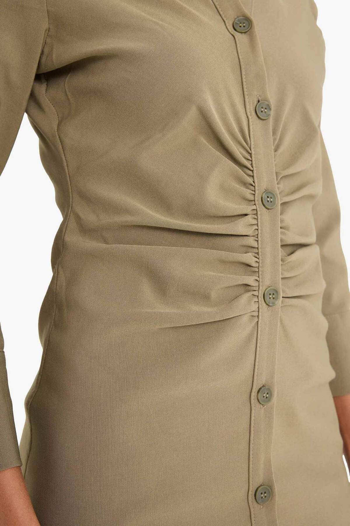 DeFacto-Hemdkragen Basic Plain Buttoned Gathered Waist Bengalin Halbarmkleid D4560ax25sp 4