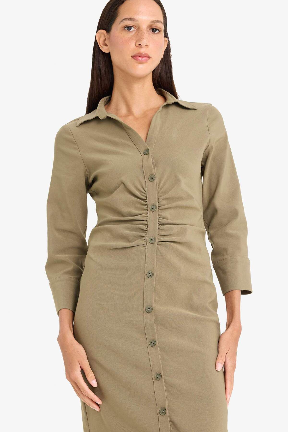 DeFacto-Hemdkragen Basic Plain Buttoned Gathered Waist Bengalin Halbarmkleid D4560ax25sp 3