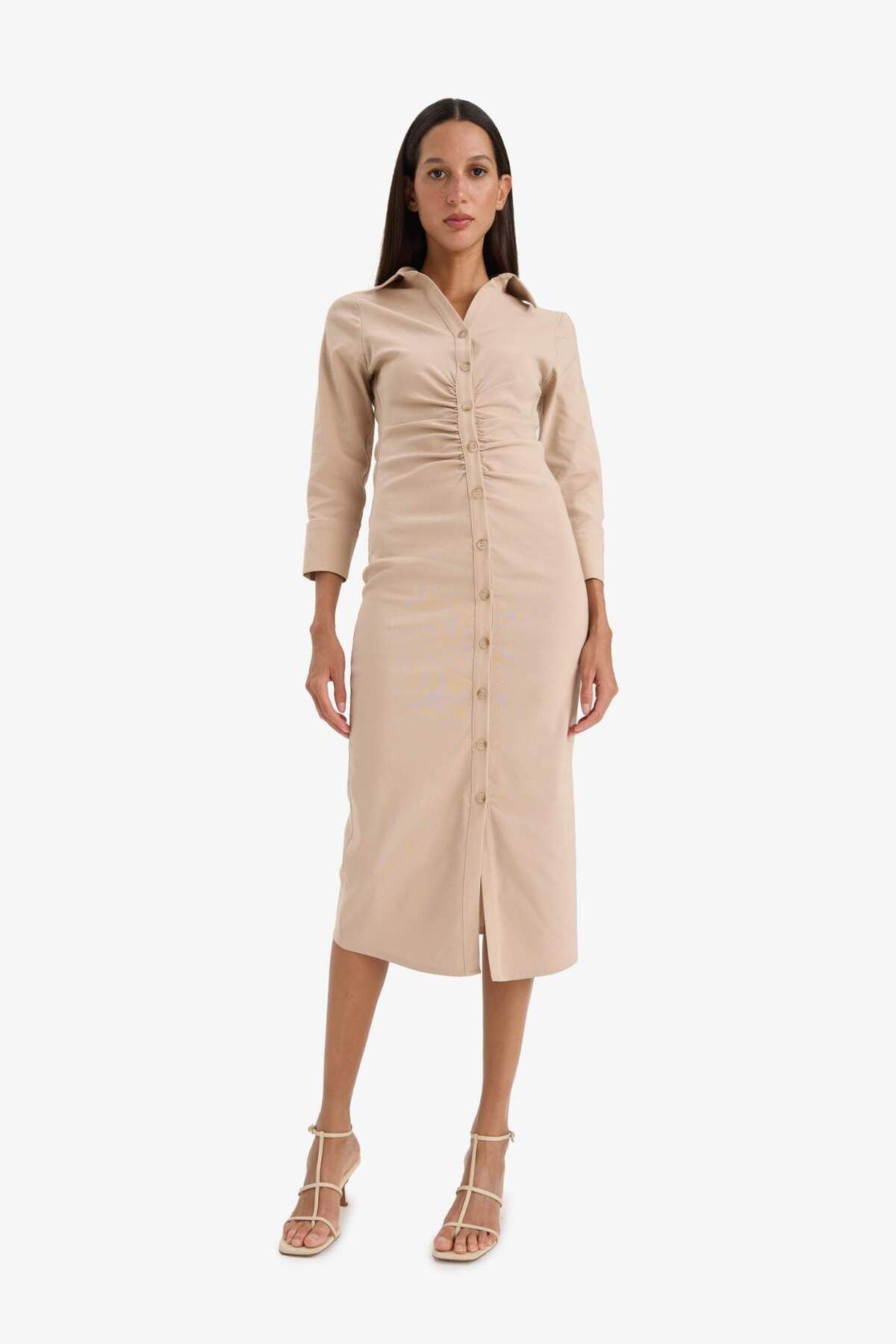 DeFacto-Hemdkragen Basic Plain Buttoned Gathered Waist Bengalin Halbarmkleid D4560ax25sp 1