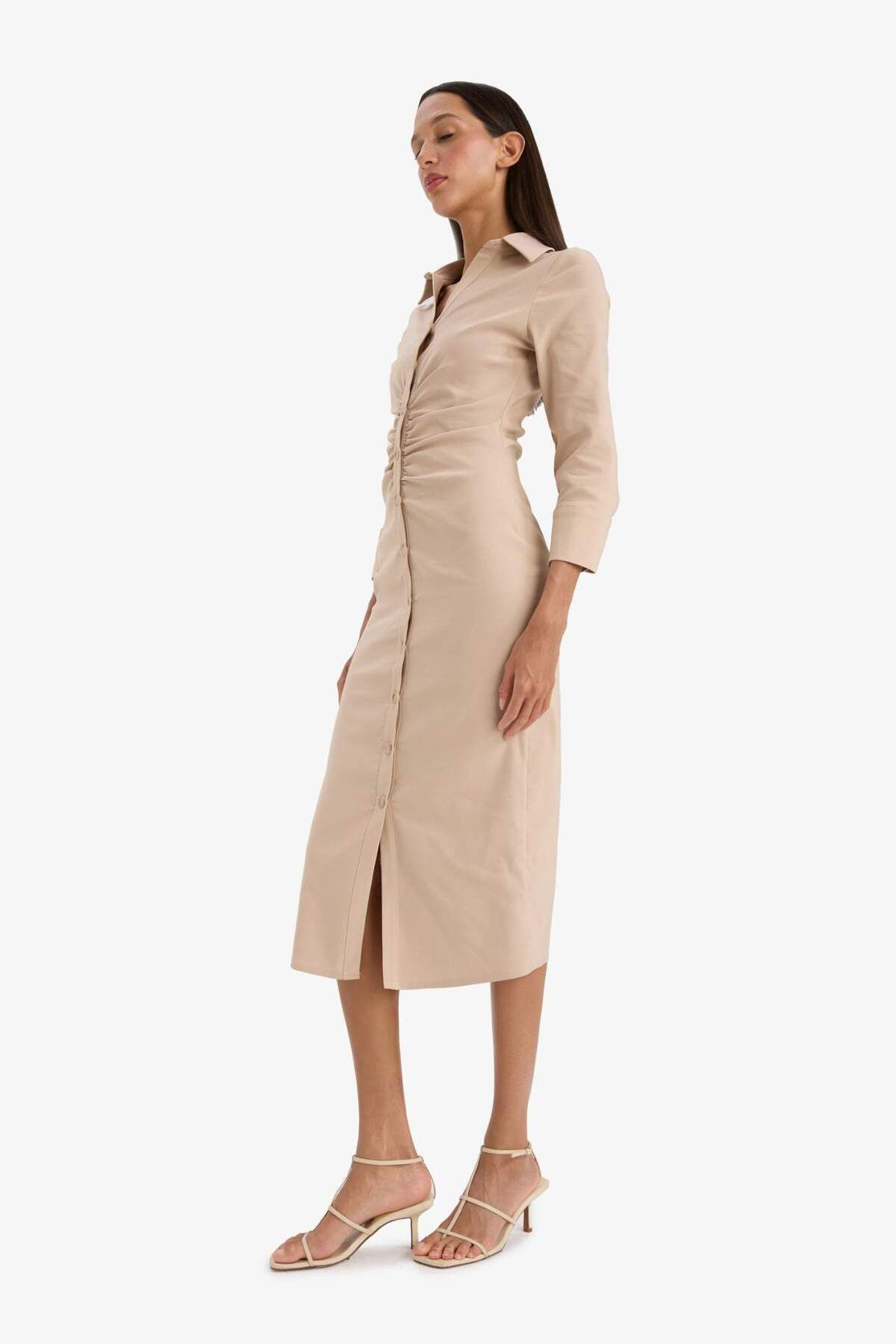 DeFacto-Hemdkragen Basic Plain Buttoned Gathered Waist Bengalin Halbarmkleid D4560ax25sp 2
