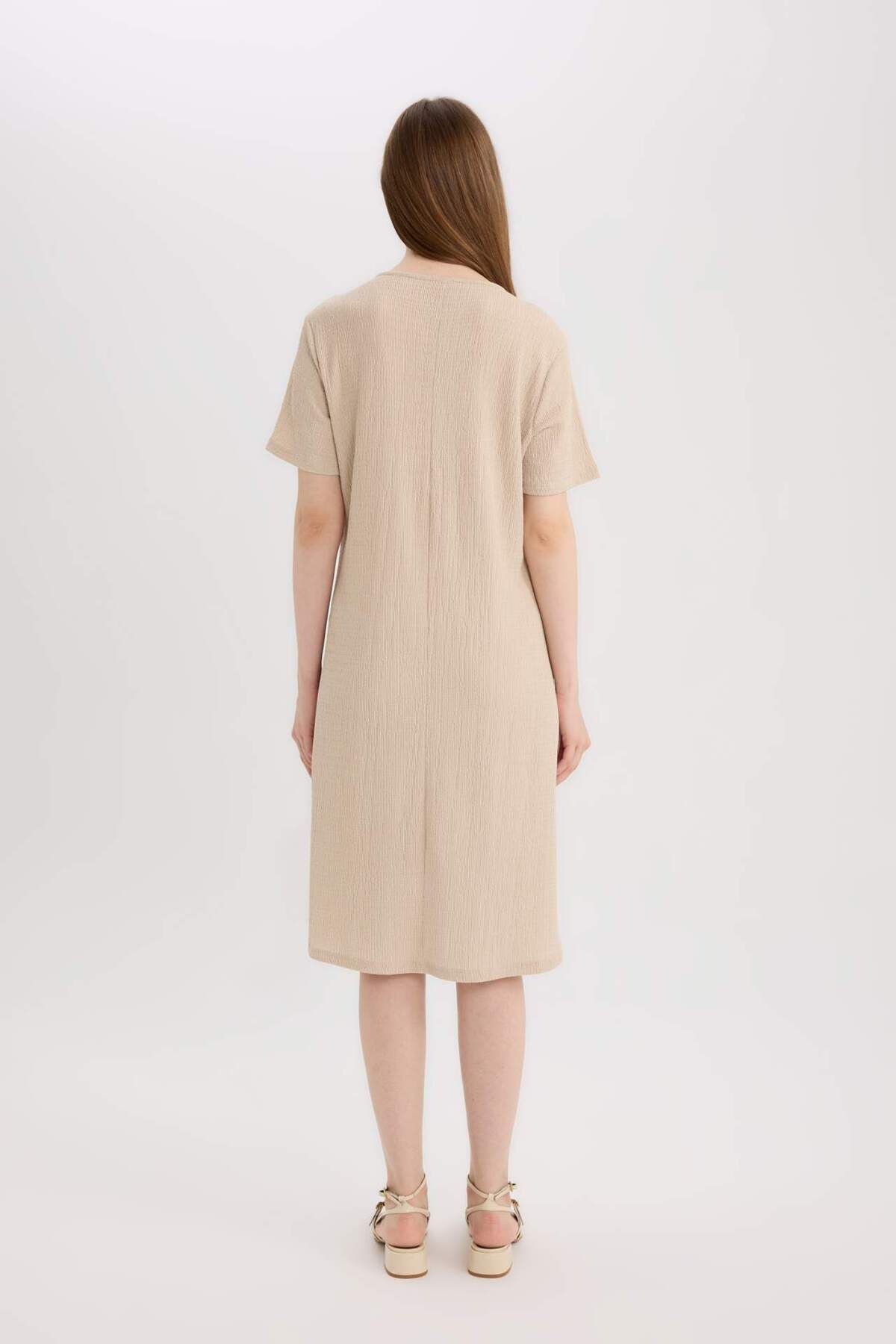 DeFacto-Regular Fit Apash Collar Basic Plain Wrap Short Sleeve Midi Summer Dress D3834Ax25Sm 6