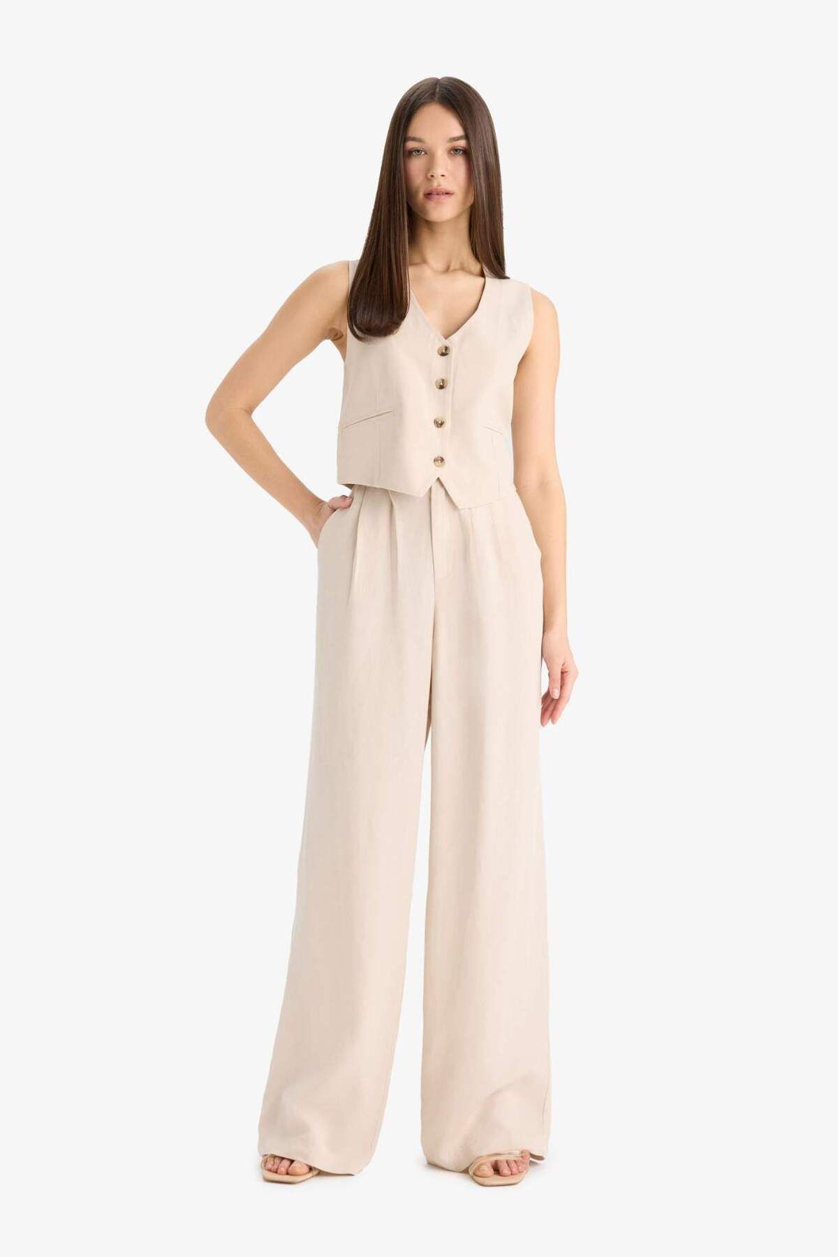 DeFacto-Wide Leg Linen Blend Pants Regular Waist Wide Leg with Pockets Zipper Standard Size E6210Ax25Sp 3
