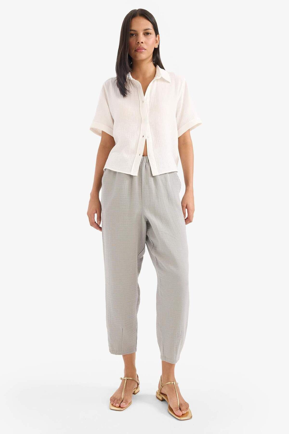 DeFacto-Tapered Fit High Waist Long Length Muslin Trousers E6412Ax25Sp 3