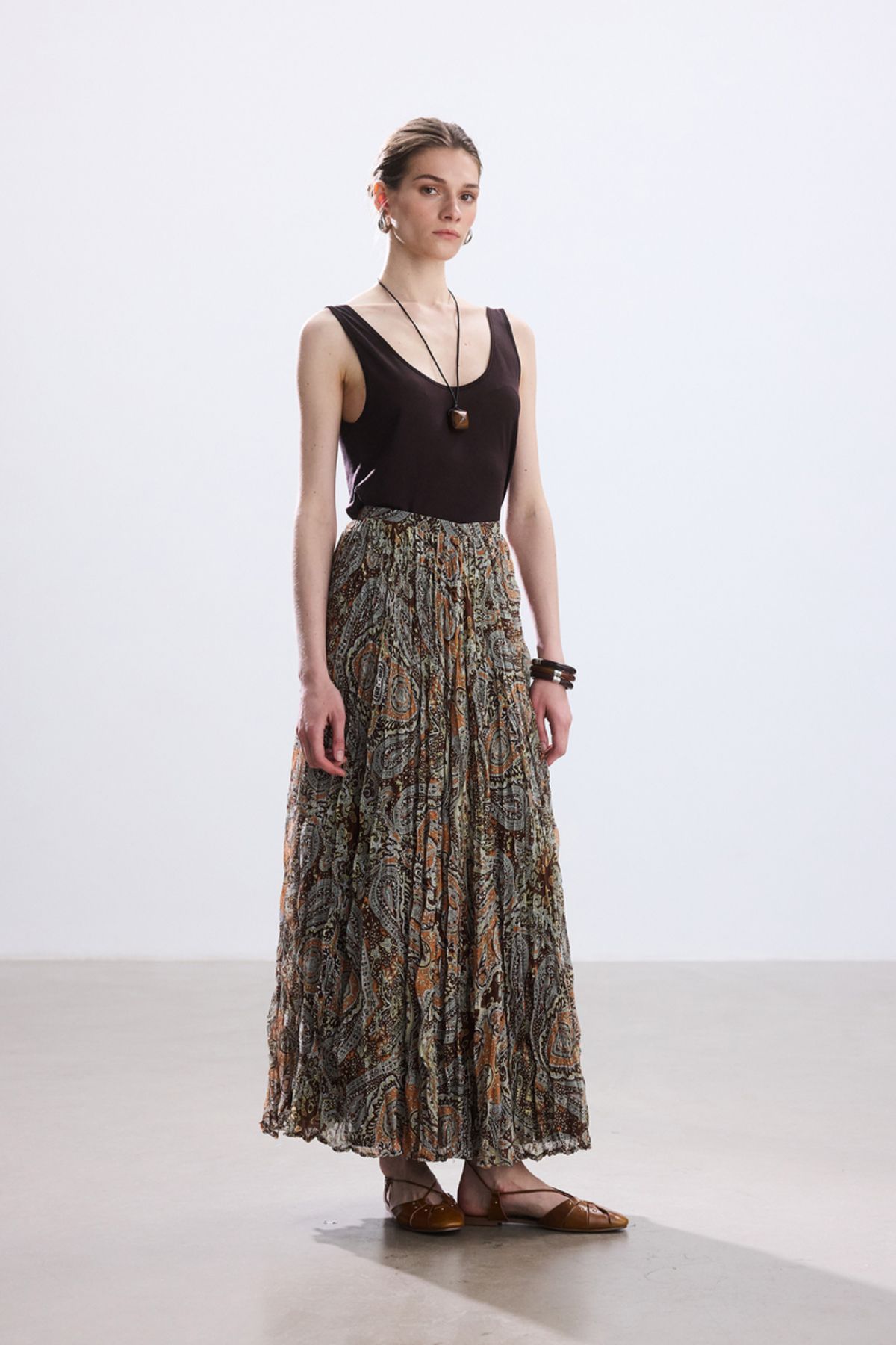 BE BLUE-Brown Boho Patterned Skirt with Crash 5