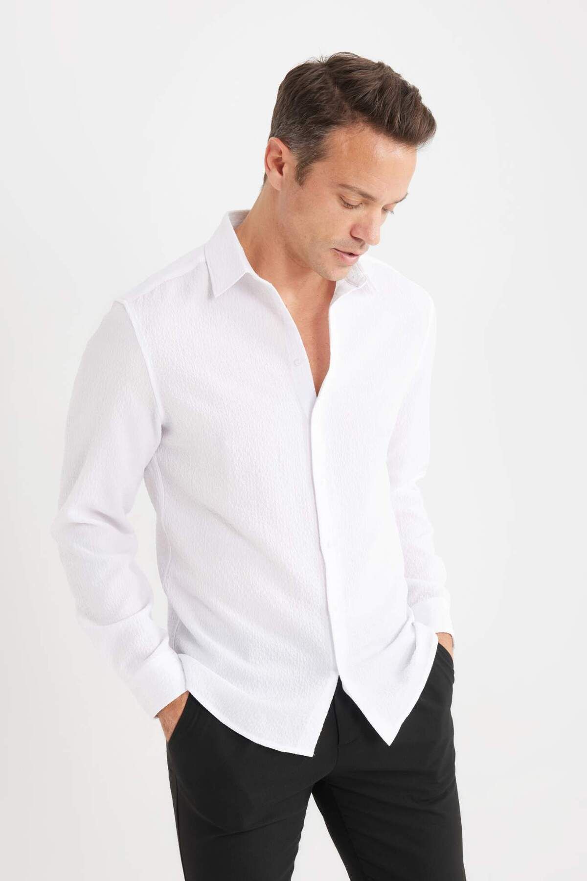 DeFacto-Modern Fit Polo Collar Textured Stretch Fabric Long Sleeve Shirt D7246Ax25Sp 4