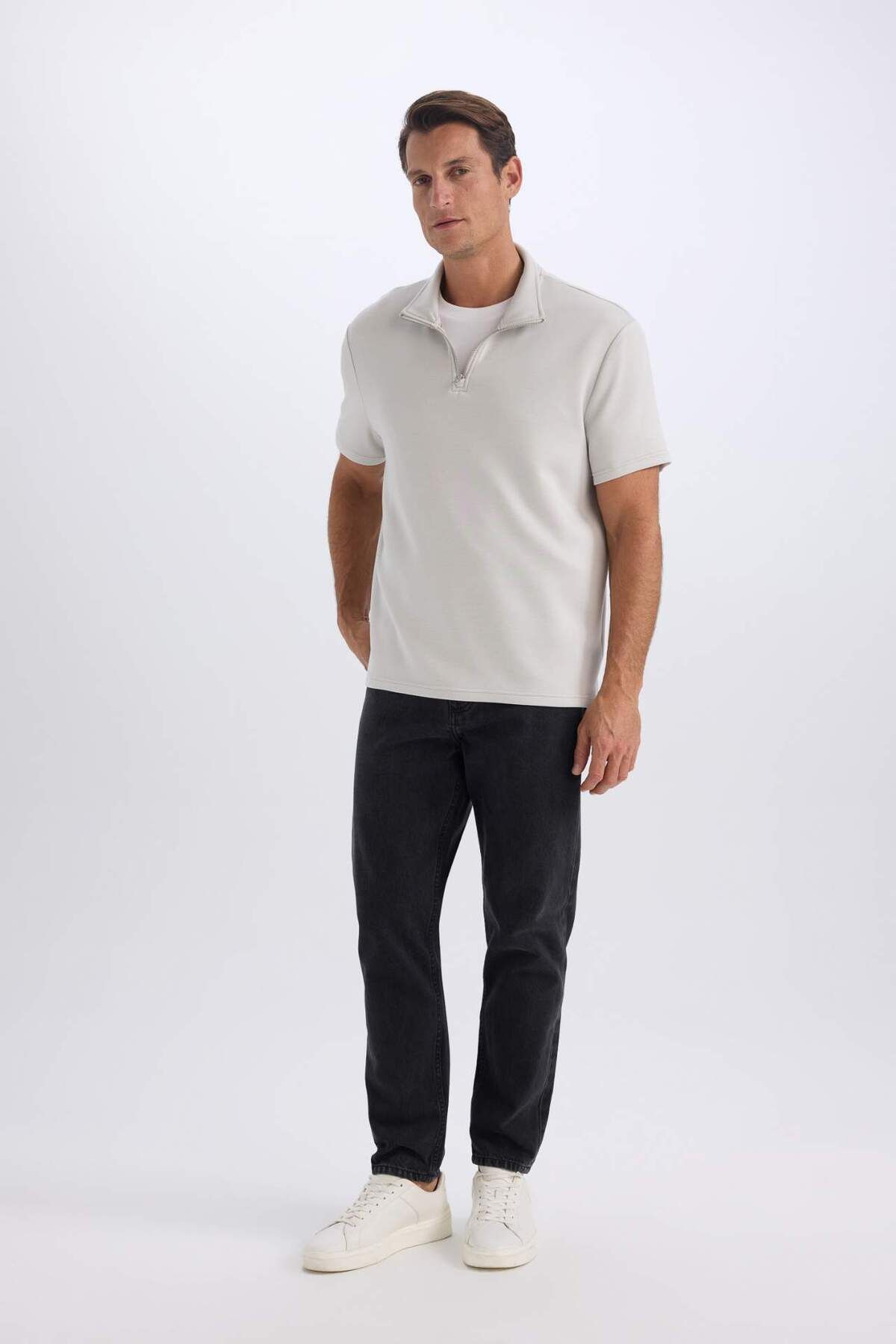 DeFacto-Tricou cu mânecă scurtă din țesătură grea, cu guler vertical, cu jumătate de fermoar, B6502AX25SP 2