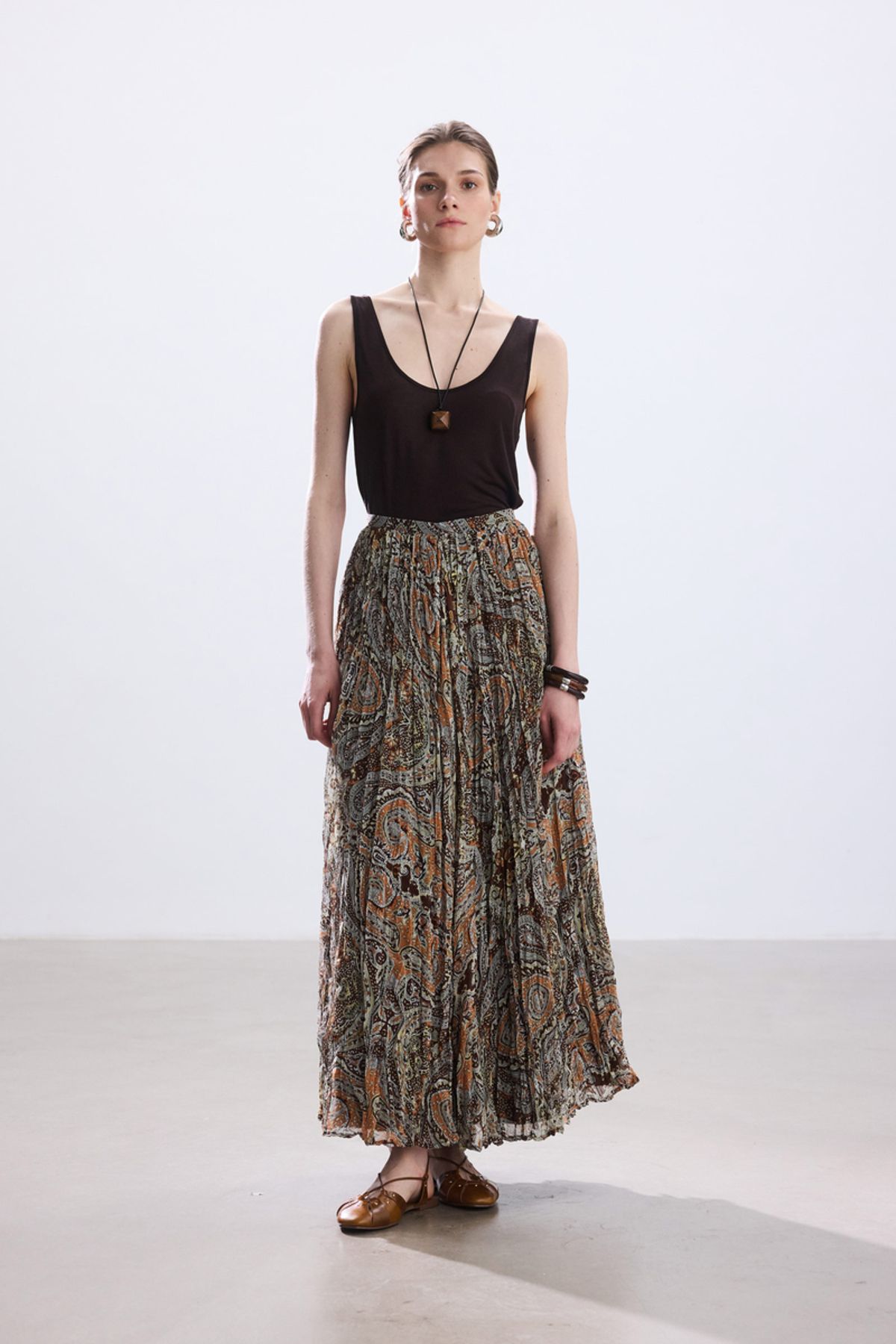 BE BLUE-Brown Boho Patterned Skirt with Crash 2