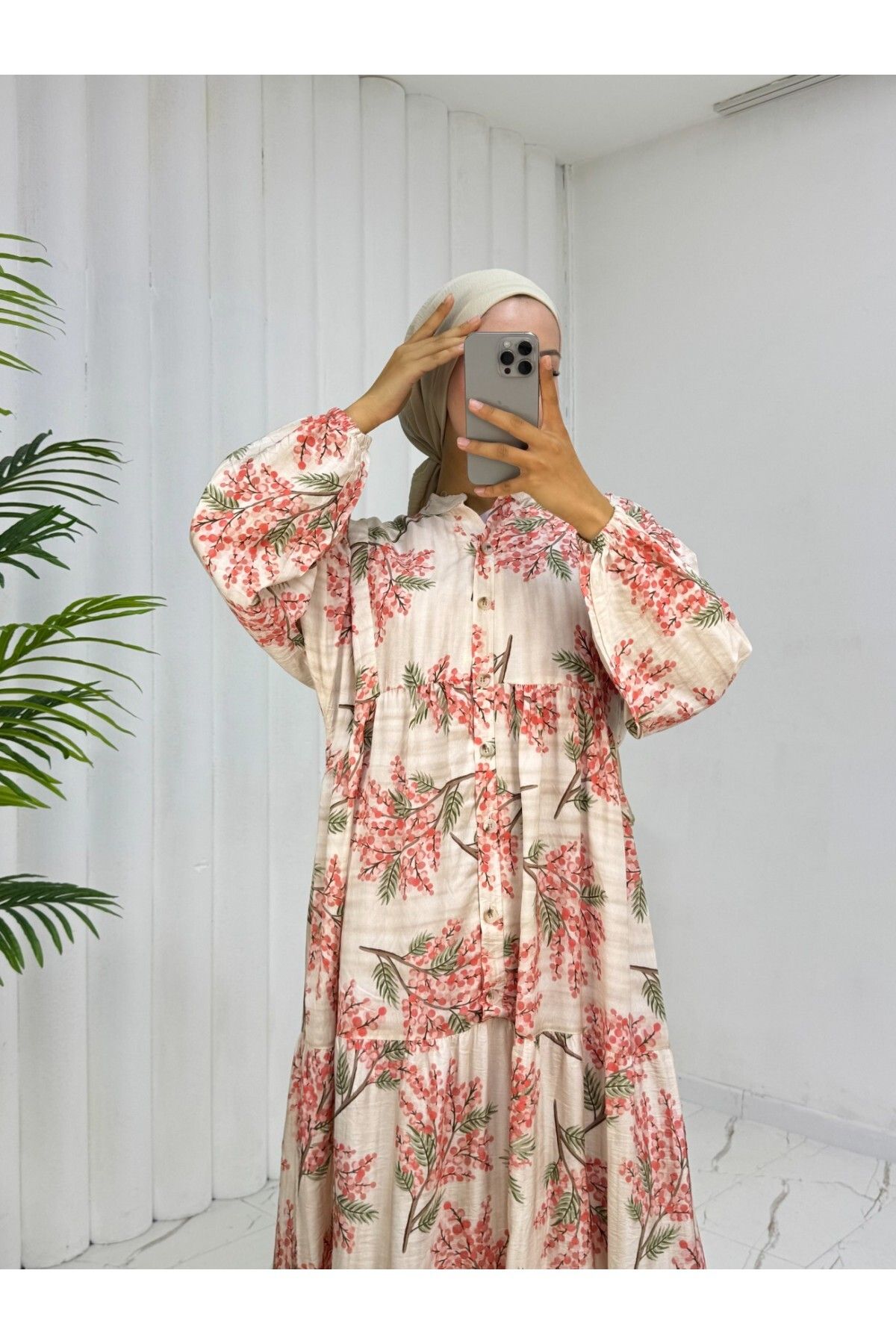 Modamorfo-Patterned Modal Dress with Elastic Sleeves and Half Buttons - Pomegranate Flower 2