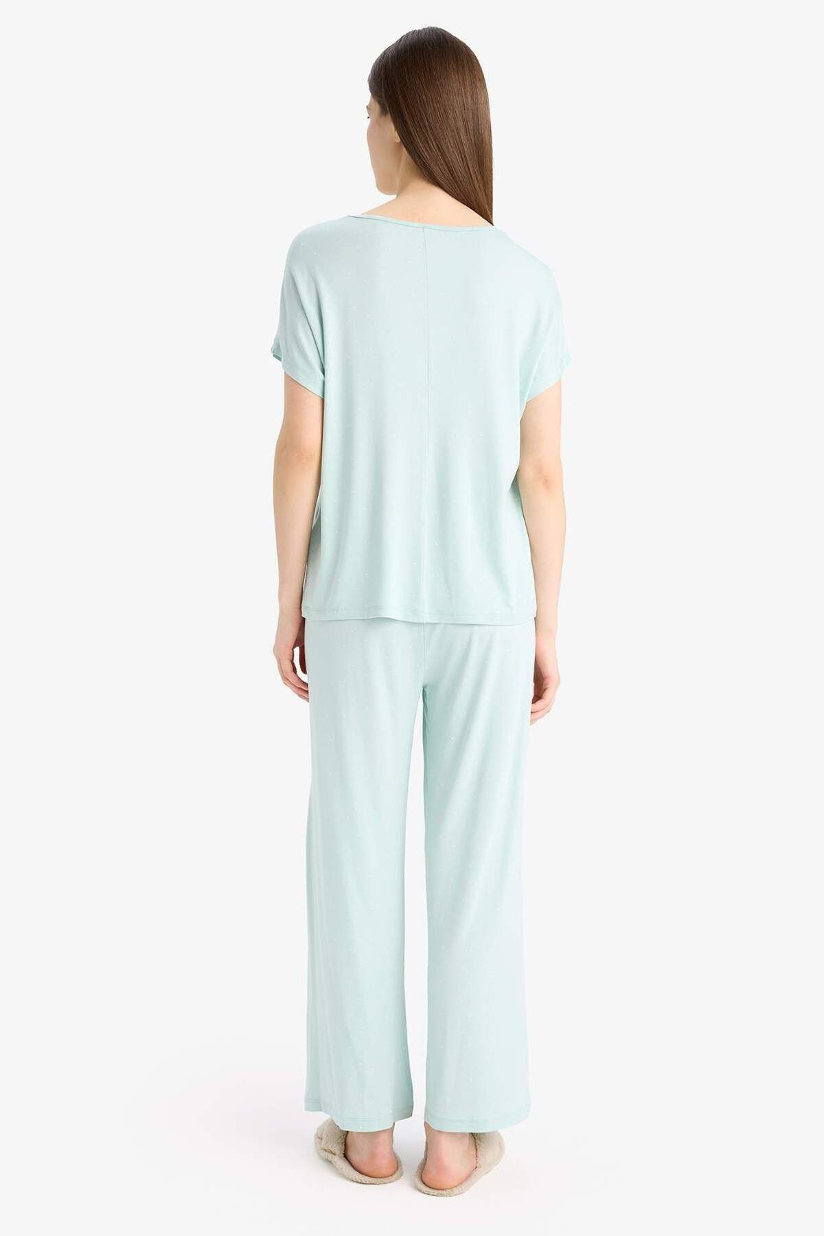 DeFacto-Pajama Sets Viscose Short Sleeve Top Flexible Waisted Long Bottom-Fall in Love E0264Ax25Sp 8