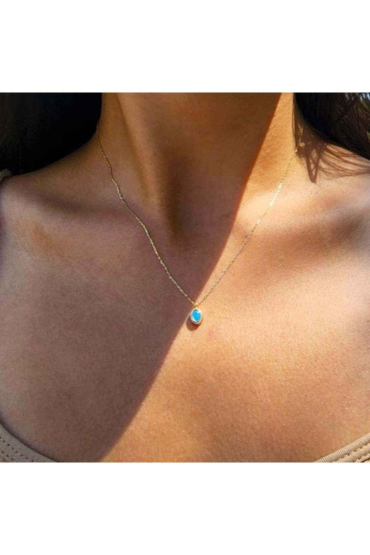 FasekGold Gümüş Kolye - 0.90 CT Turkuaz (Firuze) Taşlı Güverseli Sade Minimal Tasarım Hediyelik Gümüş Kolye görsel 4