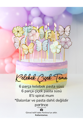 partince 12 Parça Kelebek Çiçek Cake Topper ve Makaron Spiral Pasta Mumu Doğu...