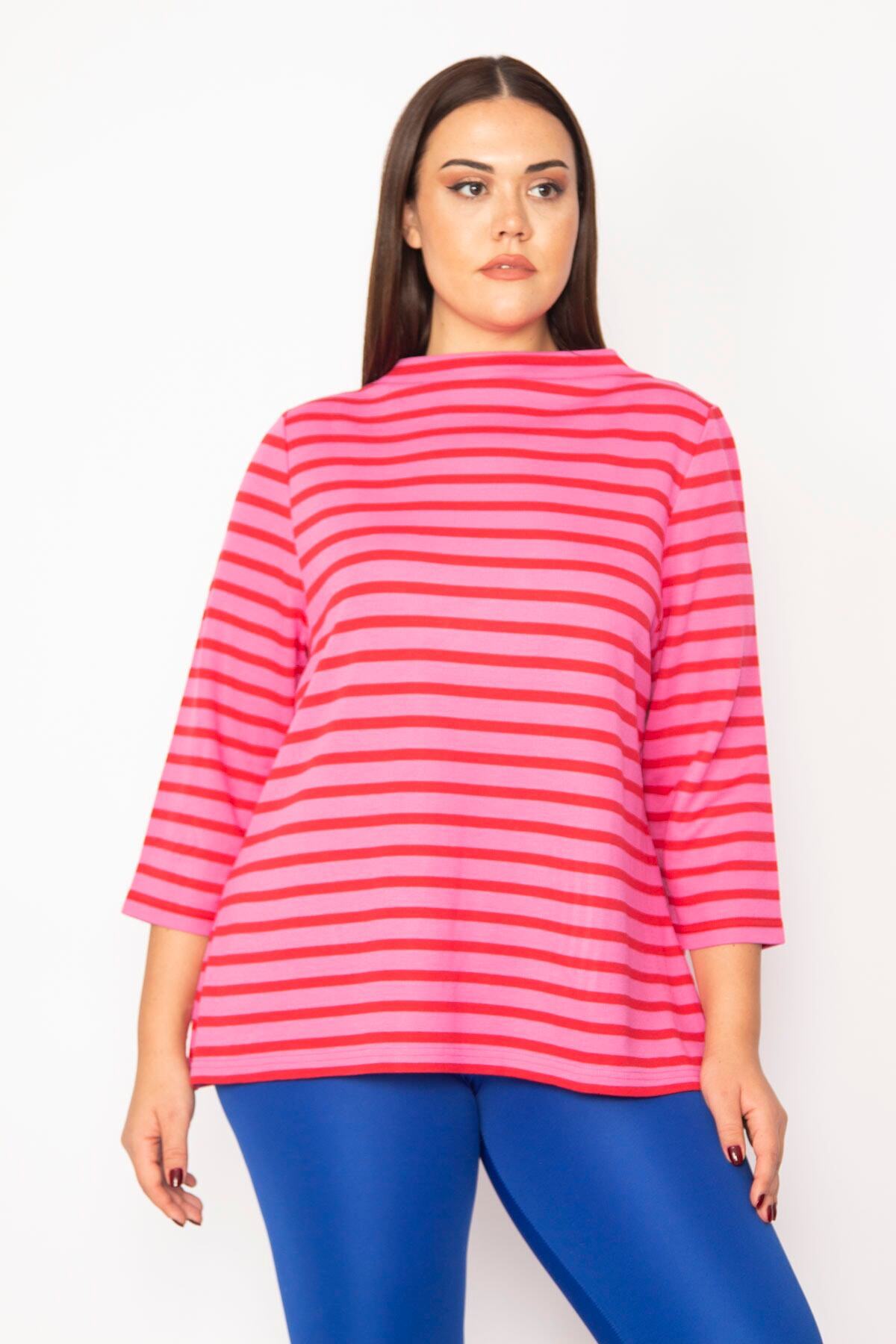 Women's Plus Size Fuchsia Upright Collar Capri Striped Blouse with Sleeves 65n29480