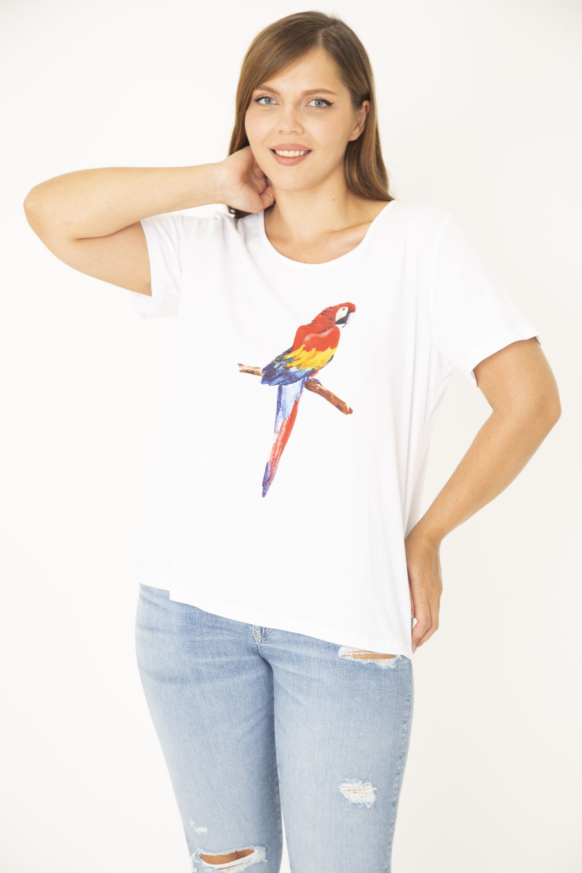 Şans-Women's Plus Size White Cotton Fabric Front Printed Blouse 65n36938 4