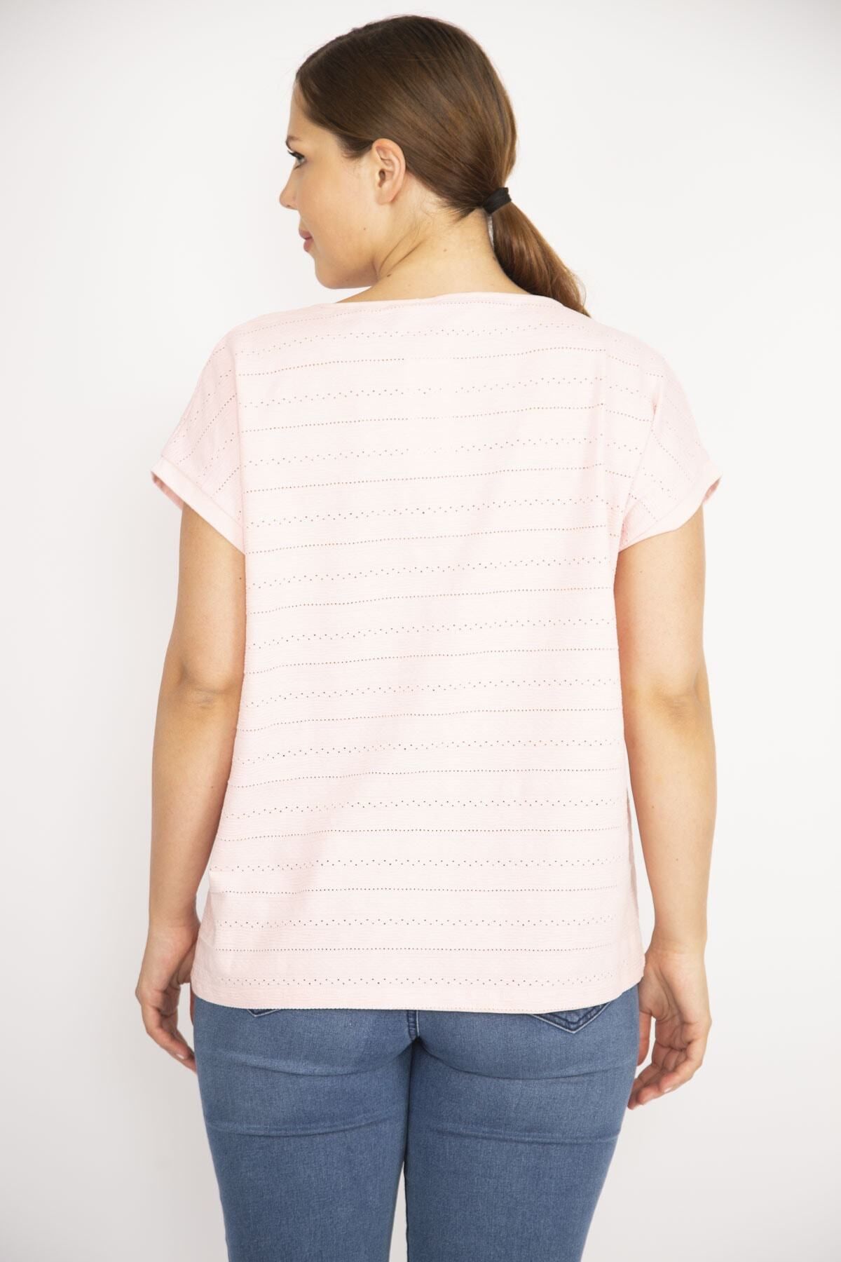 Şans-Women's Pink Large Size Cotton Fabric Self Patterned Low Sleeve Blouse 65n36630 4