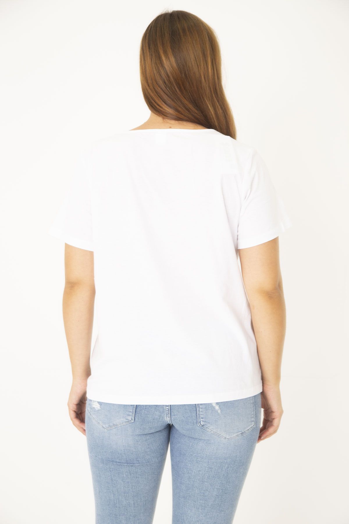 Şans-Women's Plus Size White Cotton Fabric Front Printed Blouse 65n36938 7