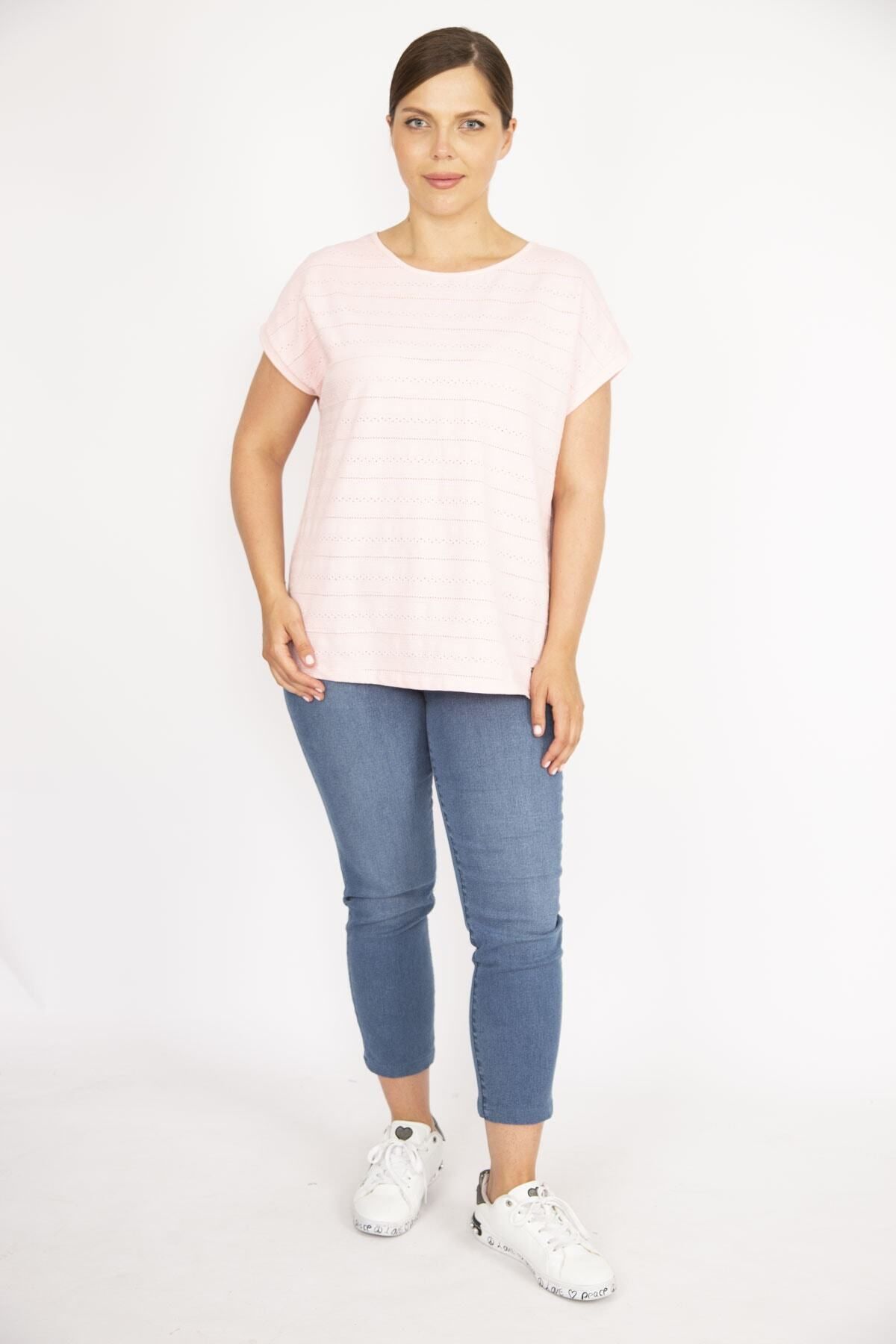 Şans-Women's Pink Large Size Cotton Fabric Self Patterned Low Sleeve Blouse 65n36630 5