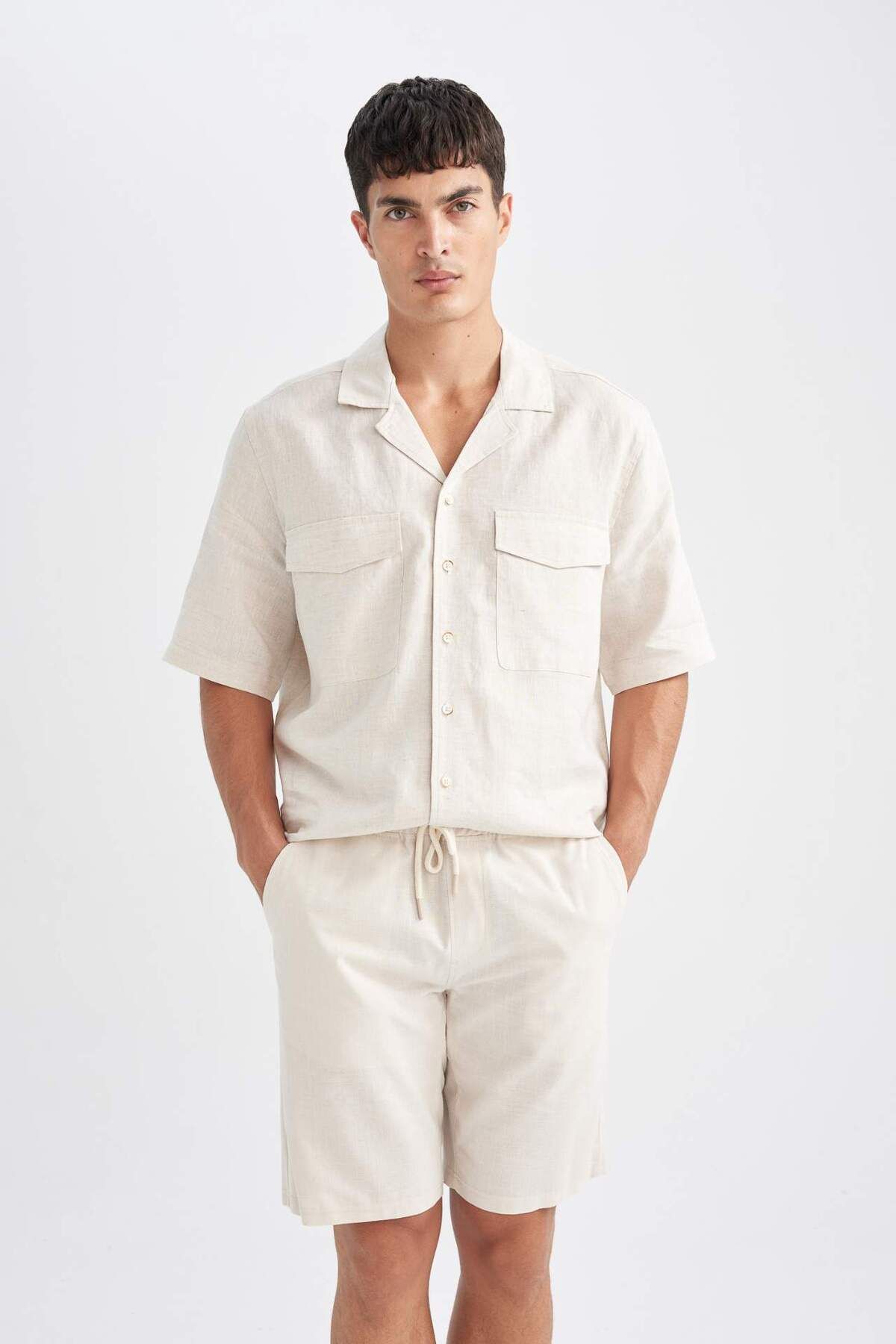 DeFacto-Pantaloni scurți texturați cu șireturi în talie 100% bumbac D9339AX24SM 3