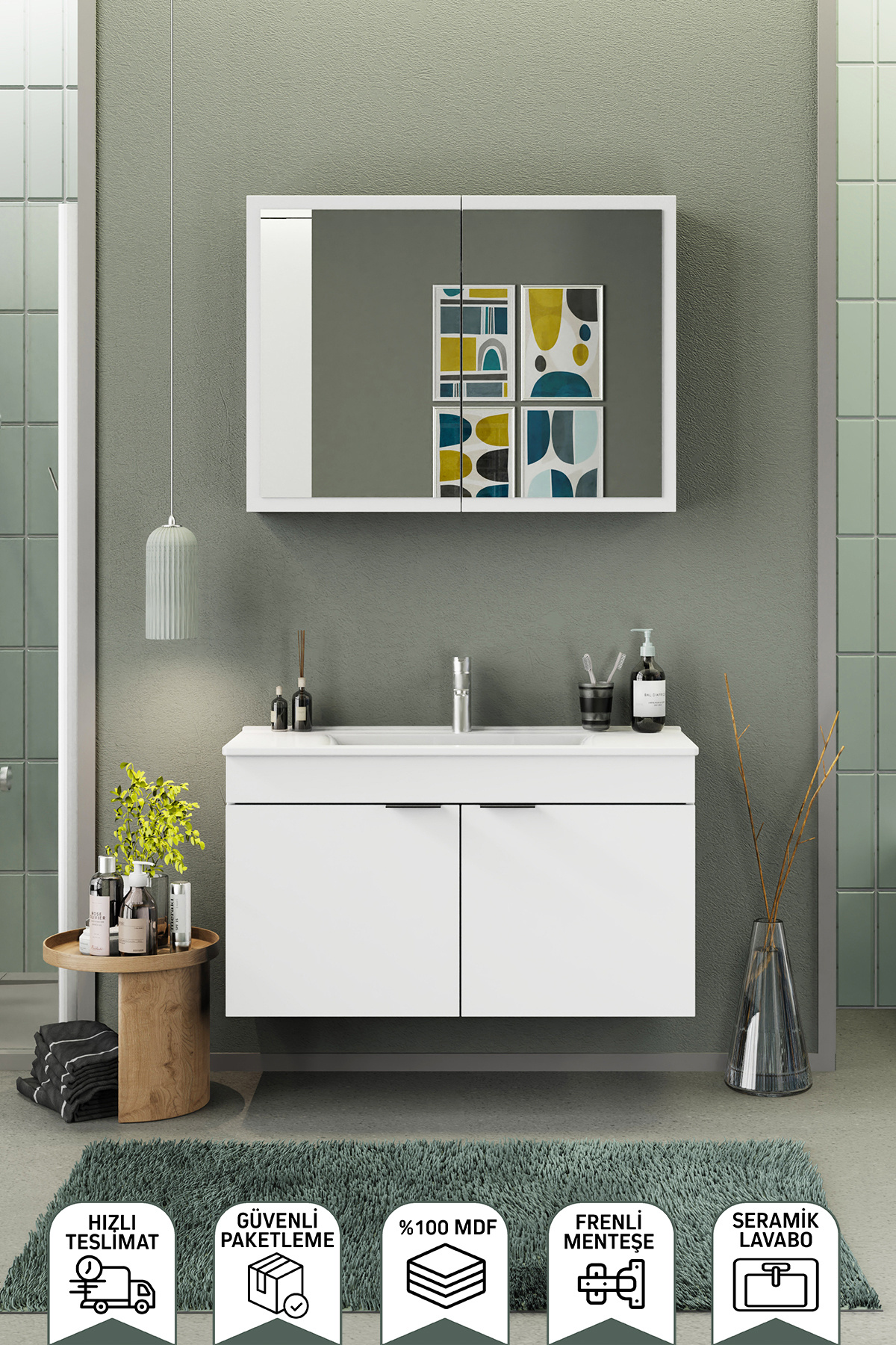 BIANI Fix Loft 100 Cm Banyo Dolabı,Seramik Lavabolu,Aynalı,Lavabo Dahil,Mdf,Mat Beyaz