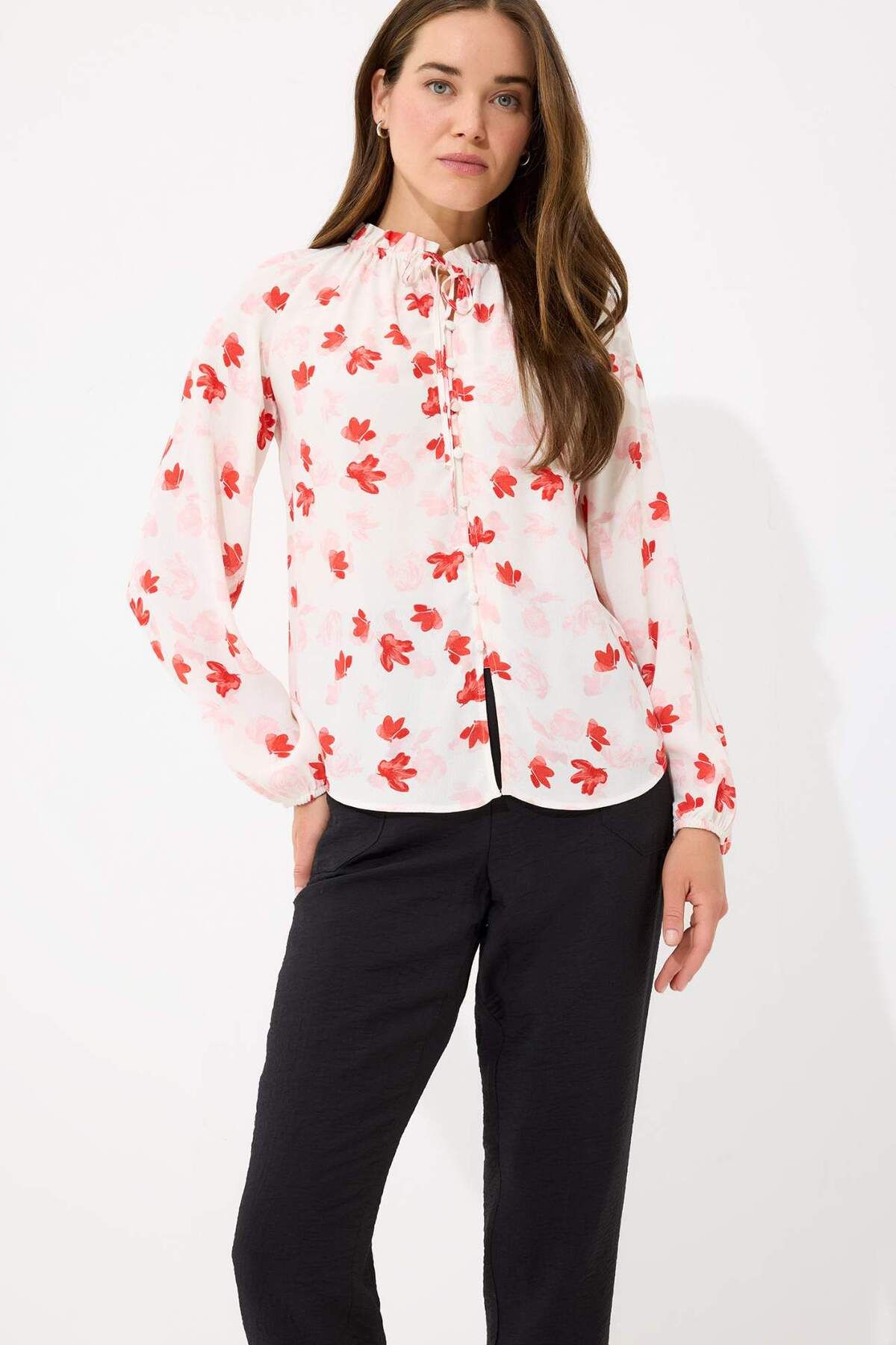 DeFacto-Regular Fit Pattern Maroken Long Sleeve Blouse E7637Ax25Sp 1