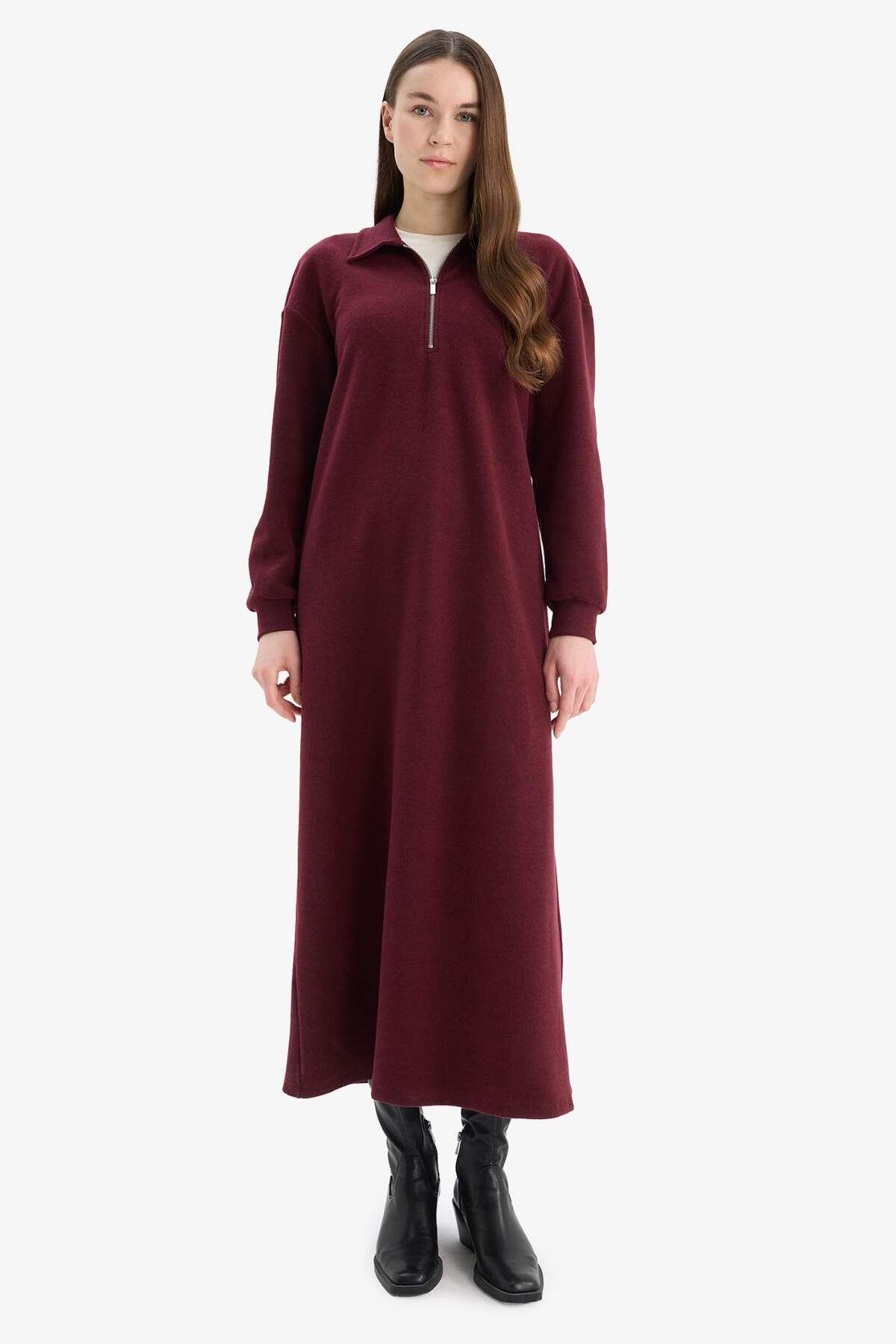 Loose Fit Fermuarlı Polo Yaka Selanik Kumaş Basic Düz Uzun Kollu Midi Elbise F1640ax25sp