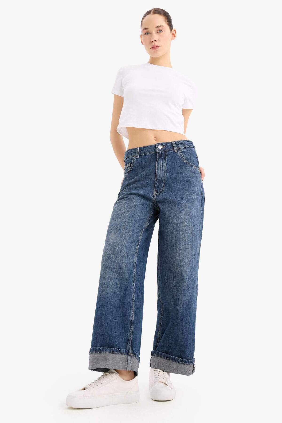 Baggy Fit Yüksek Bel Katlamalı Paça Uzun Jean Yıkamalı Pantolon E3179AX25SP