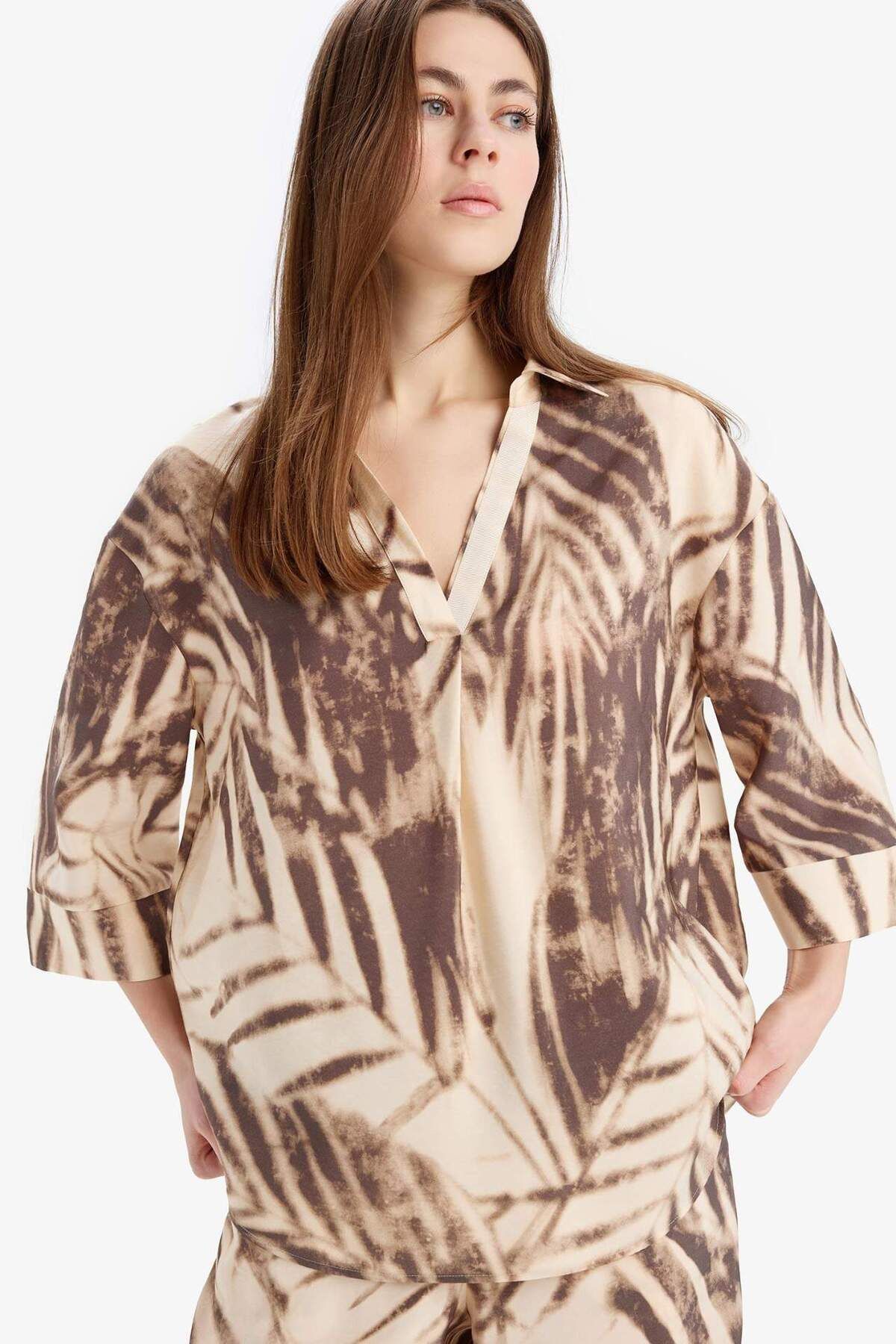 DeFacto-Oversize Wide Fit Apache Collar Pattern Modal Long Sleeve Blouse E8260Ax25Sp 5