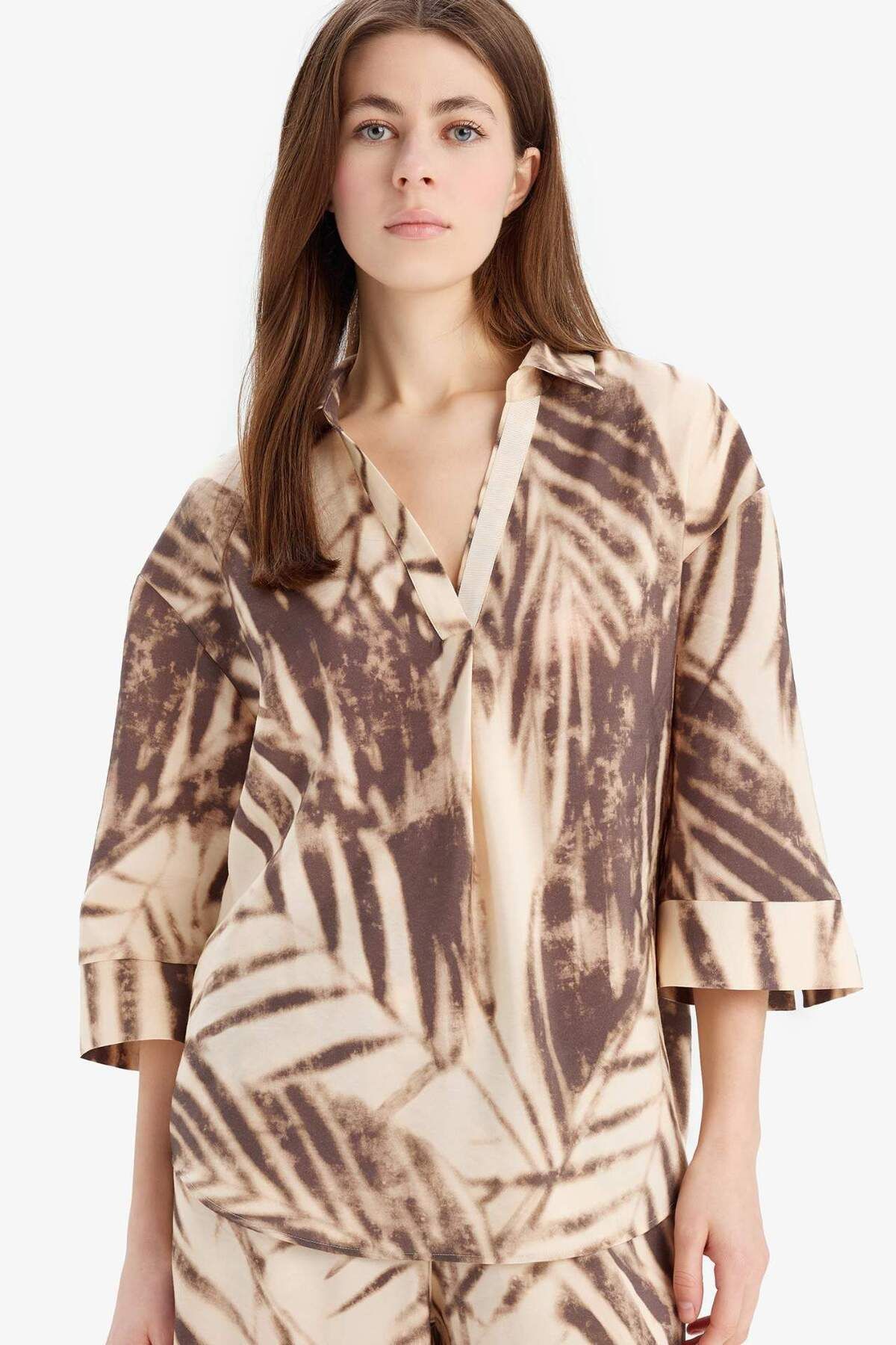 DeFacto-Oversize Wide Fit Apache Collar Pattern Modal Long Sleeve Blouse E8260Ax25Sp 2
