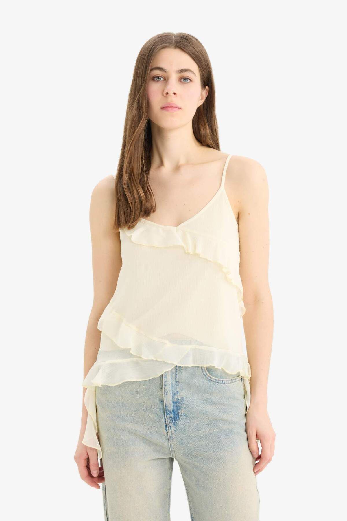 DeFacto-Regular Fit Chiffon-Trägerbluse mit V-Ausschnitt E9001AX25SP 3