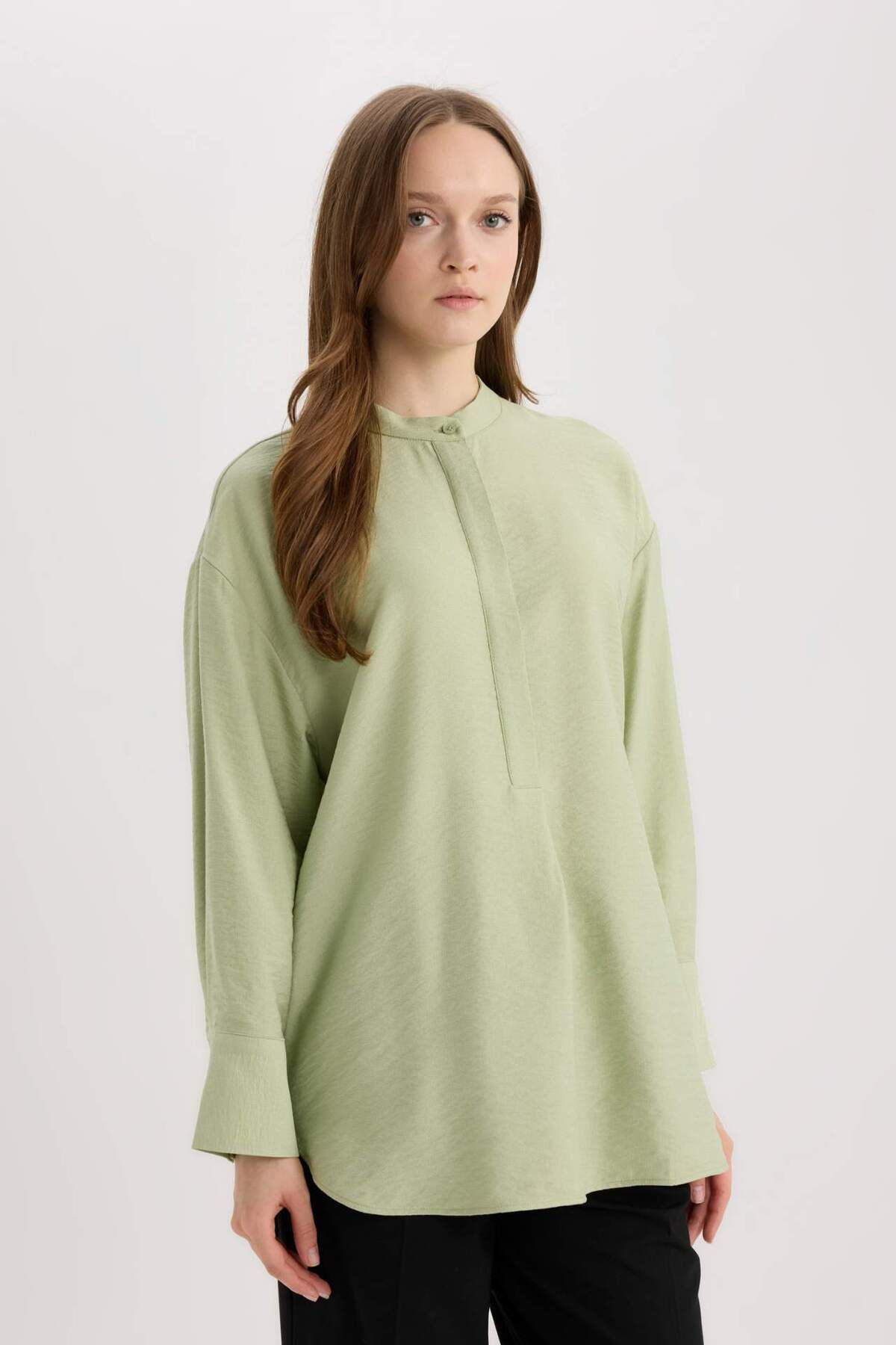 DeFacto-Relaxed Fit Hemd mit Schalkragen, Basic, Uni, Langarm Tunika E1757AX25SP 3