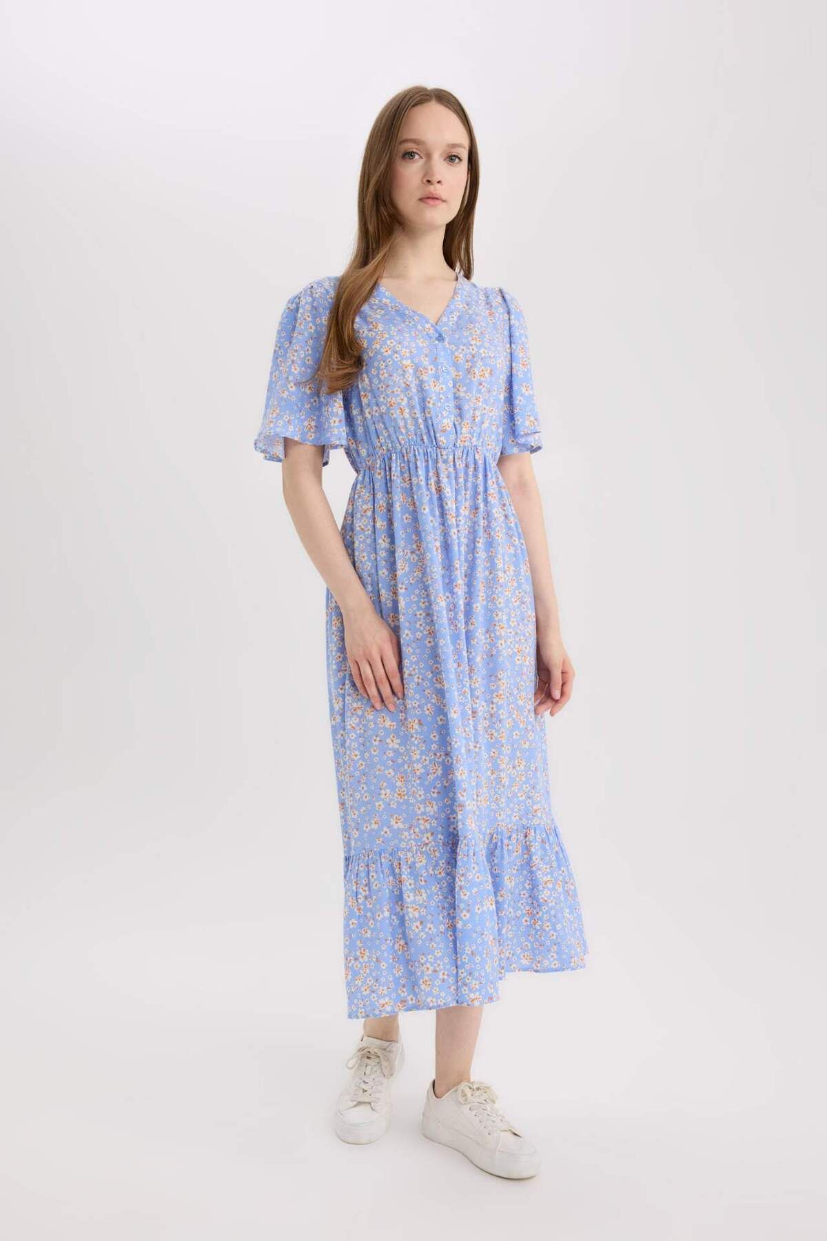 DeFacto-Reguläre Passform, V-Ausschnitt, Blumenmuster, kurze Ärmel, Midi-Sommerkleid E8664AX25SM 2