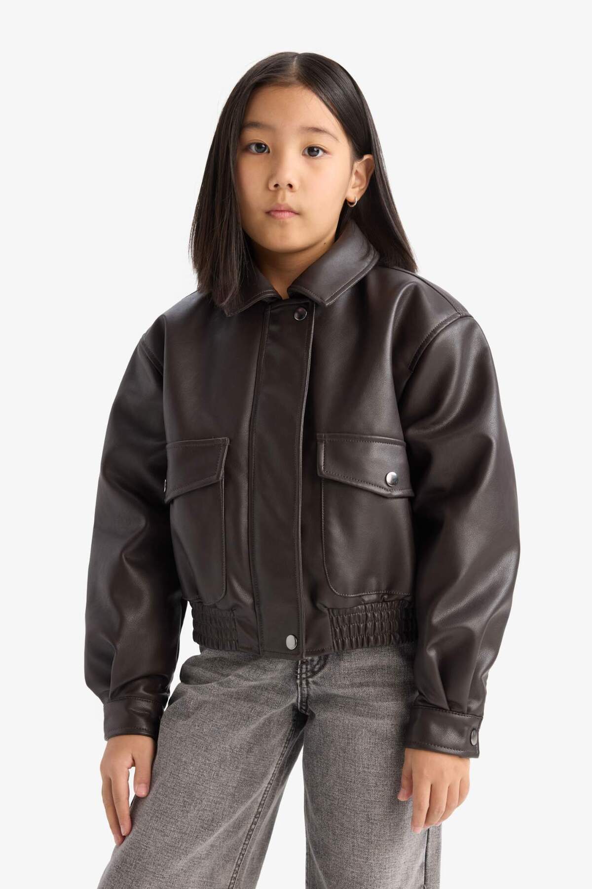 DeFacto-Girls Water Repellent Zippered Double Pocket Faux Leather Coat Jacket D6925A825Sp 5