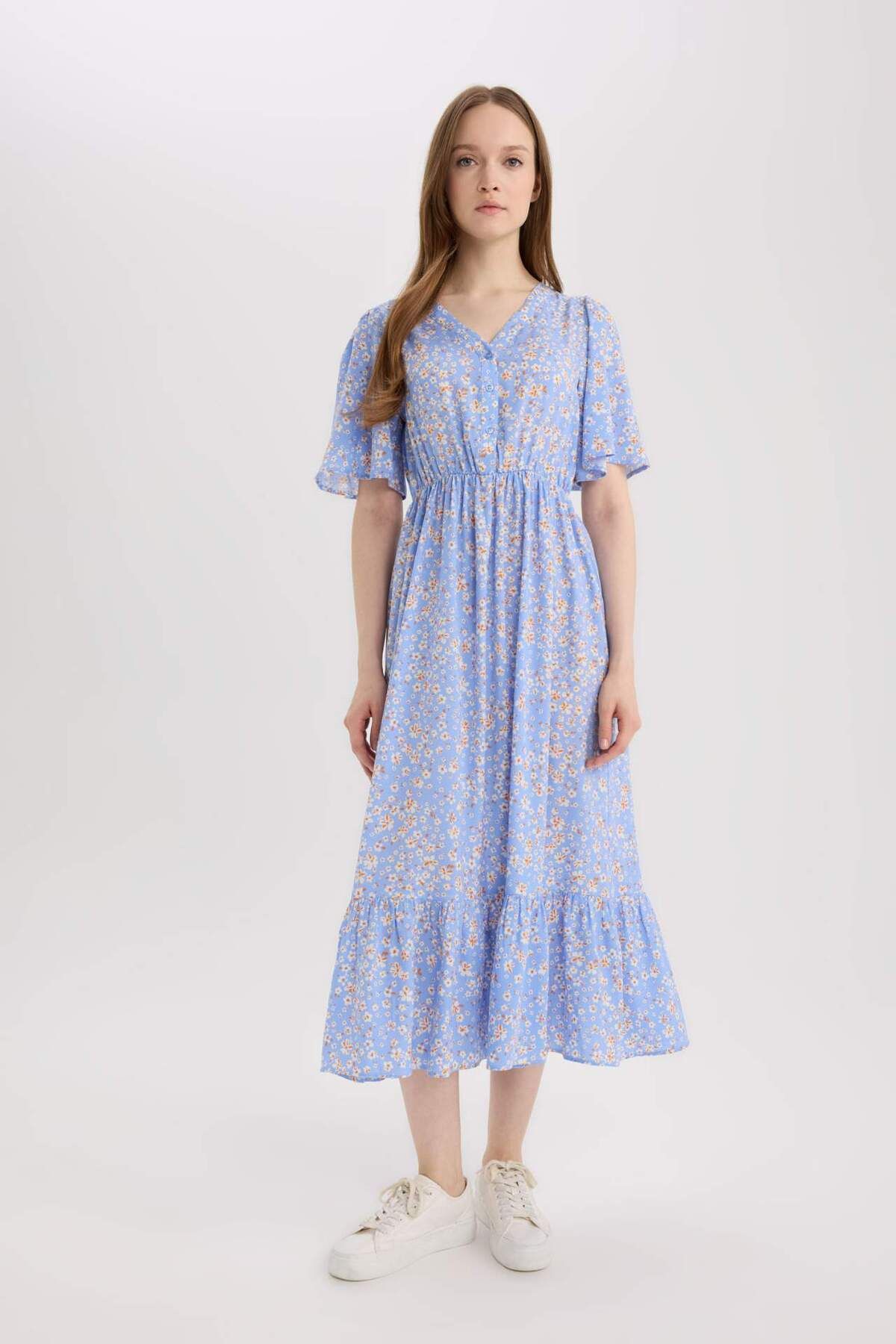 DeFacto-Reguläre Passform, V-Ausschnitt, Blumenmuster, kurze Ärmel, Midi-Sommerkleid E8664AX25SM 3