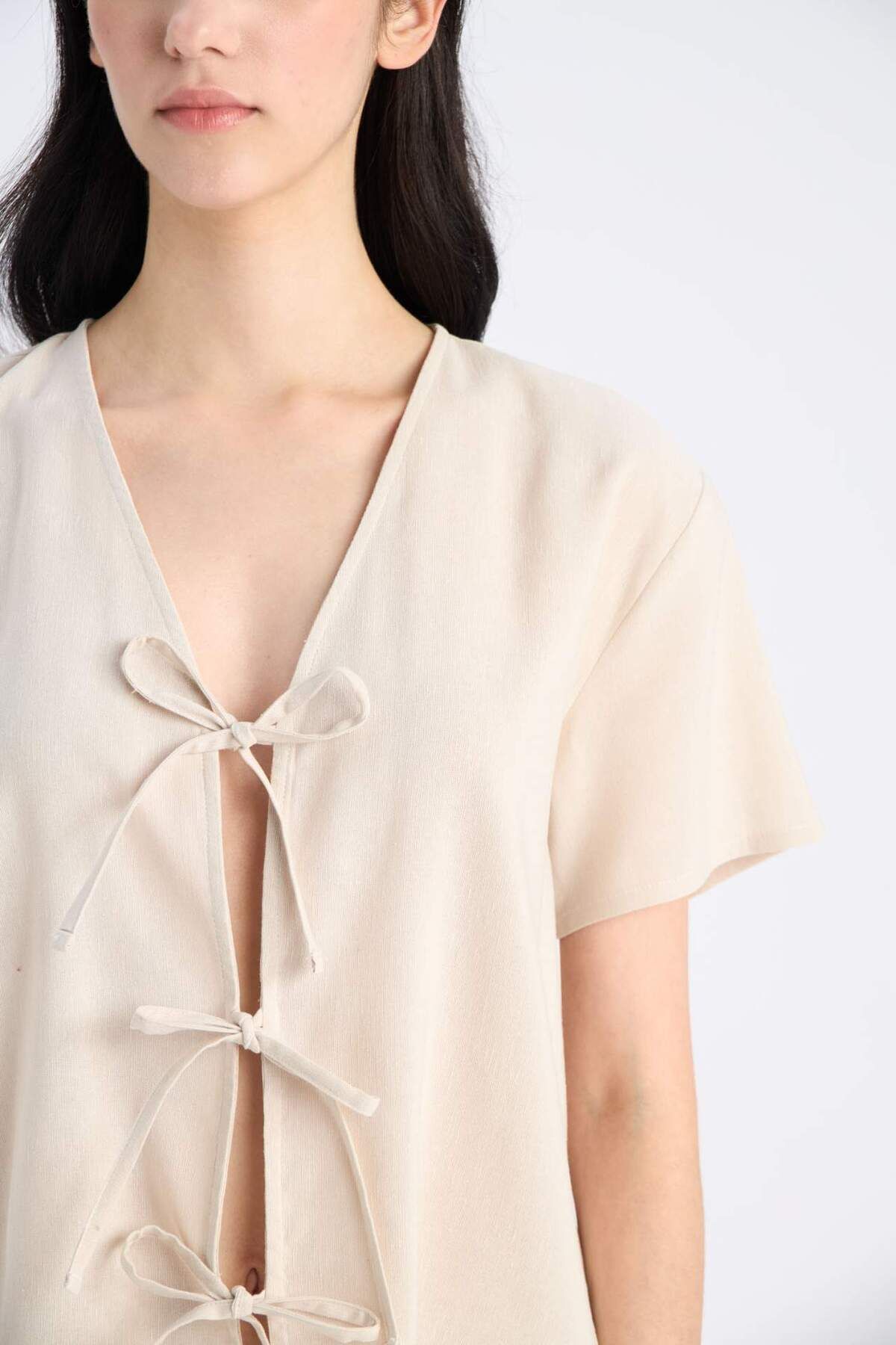 DeFacto-Pajama Set Linen Short Sleeve Top Stretchy Waisted Bottom-Fall in Love E3571Ax25Sp 5
