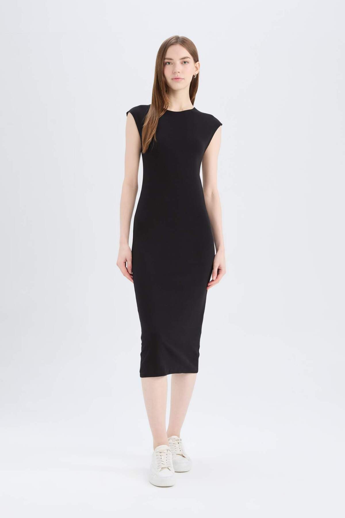 Bodycon Vücudu Saran Bisiklet Yaka Ribana Kısa Kollu Midi Elbise D5220ax25sp