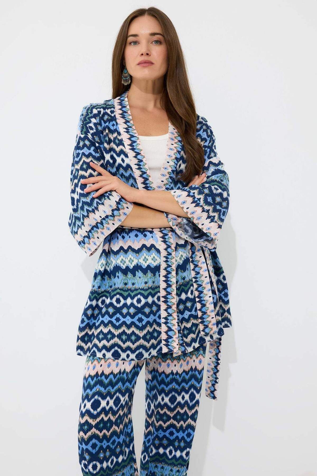 Relax Fit Desenli Kuşaklı Kimono D5443ax25sp