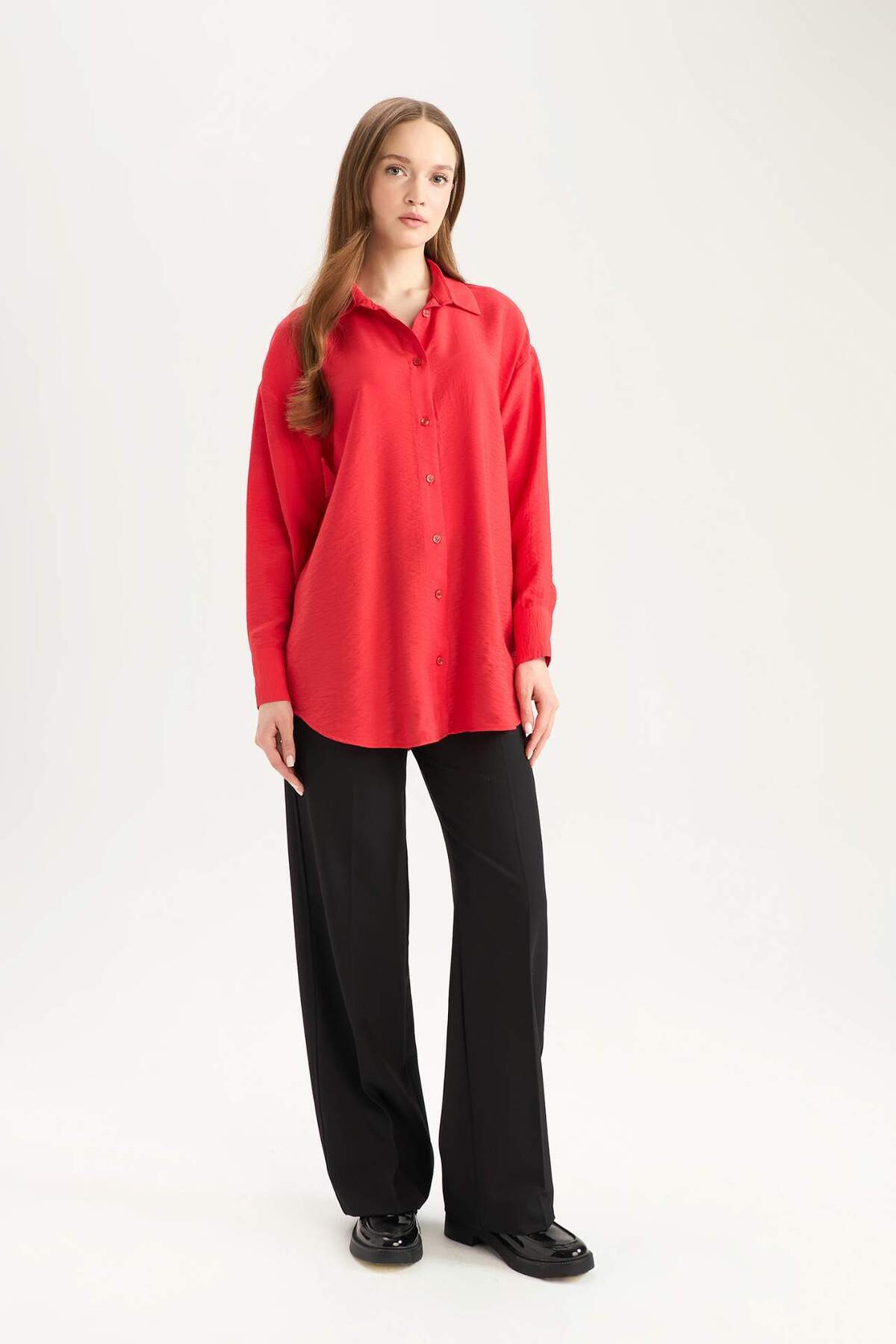 DeFacto-Relax Fit Basic tömör hosszú ujjú piros ing tunika C0304AX25SP 2