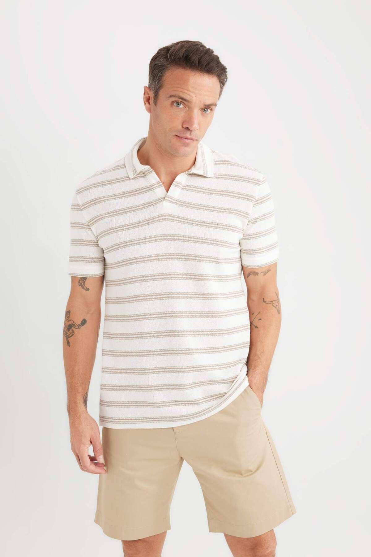DeFacto-Regular Fit Polo Neck Striped Short Sleeve Knitwear Look T-Shirt D7941Ax25Sp 1