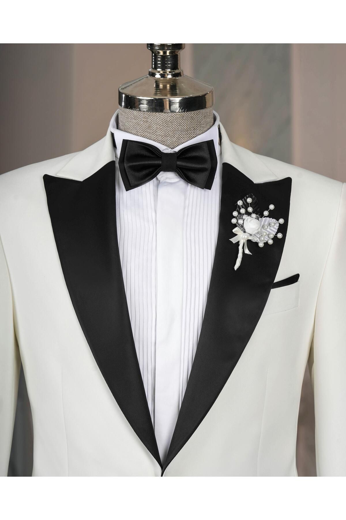 TerziAdemAltun-Ecru Slim Fit Italian Cut Pointed Collar Jacket and Trousers Set - T12221 2