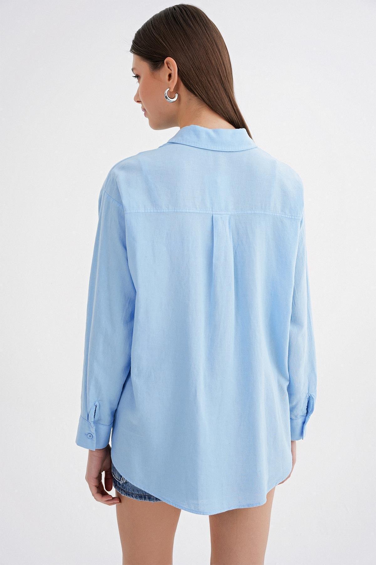Mixray  4670 Kadın Cepli Oversize Basic Keten Gömlek Bebe Mavi - Görsel 7