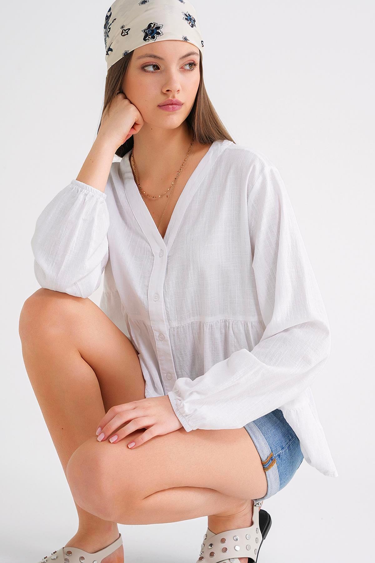 Mixray  4637 Kadın Katlı V Yaka Yazlık Keten Gömlek Beyaz - Görsel 5